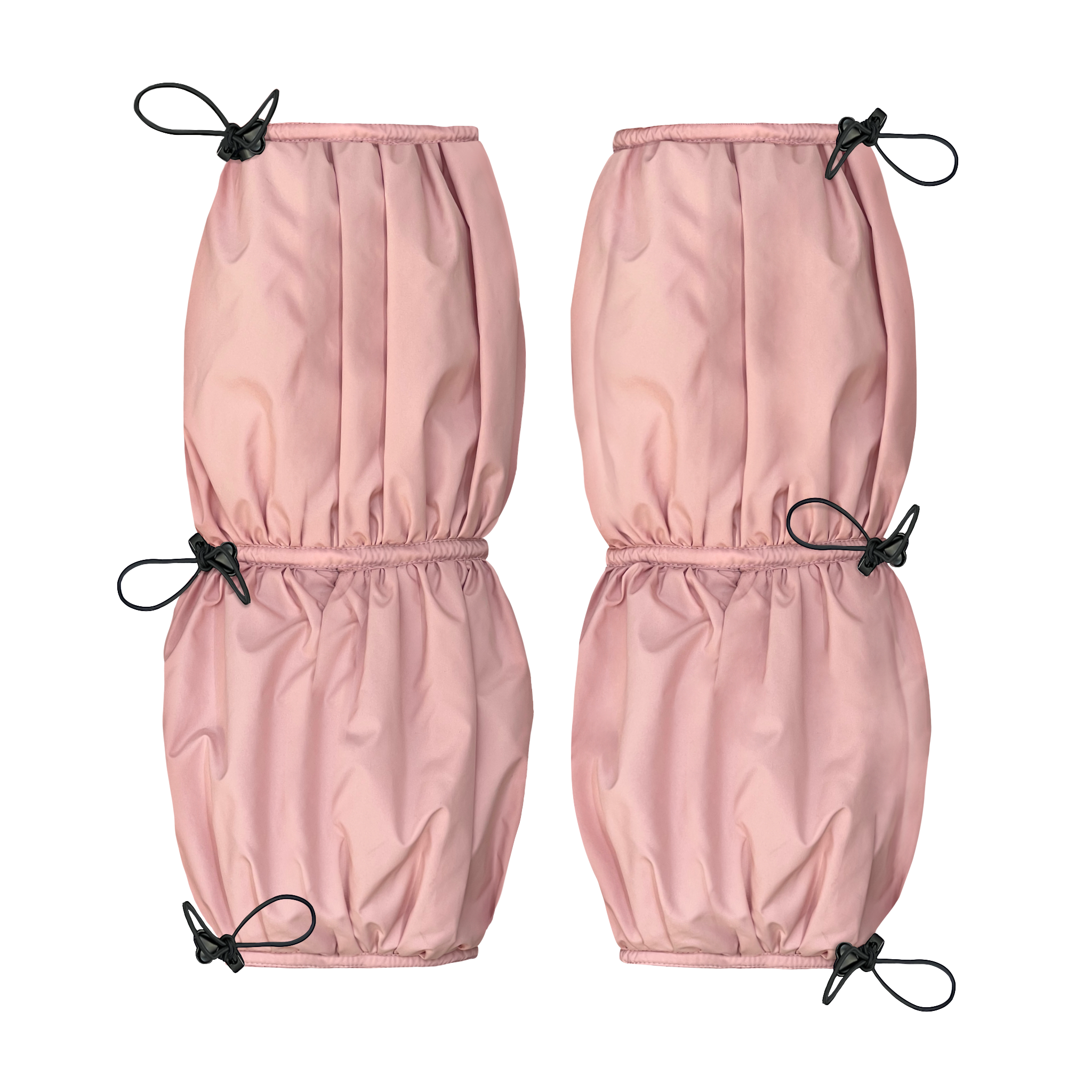 Pair of pink leg warmers with black drawstrings
