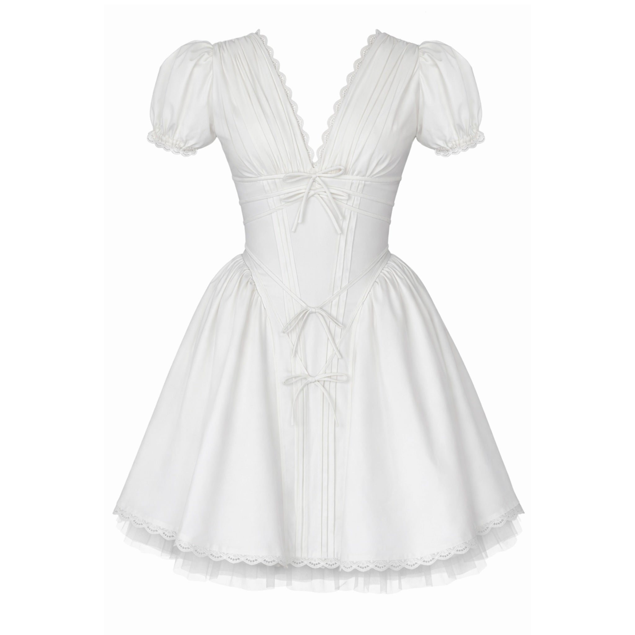 White mini A-Line dress with short puff sleeves, v-neck and embroidered bows