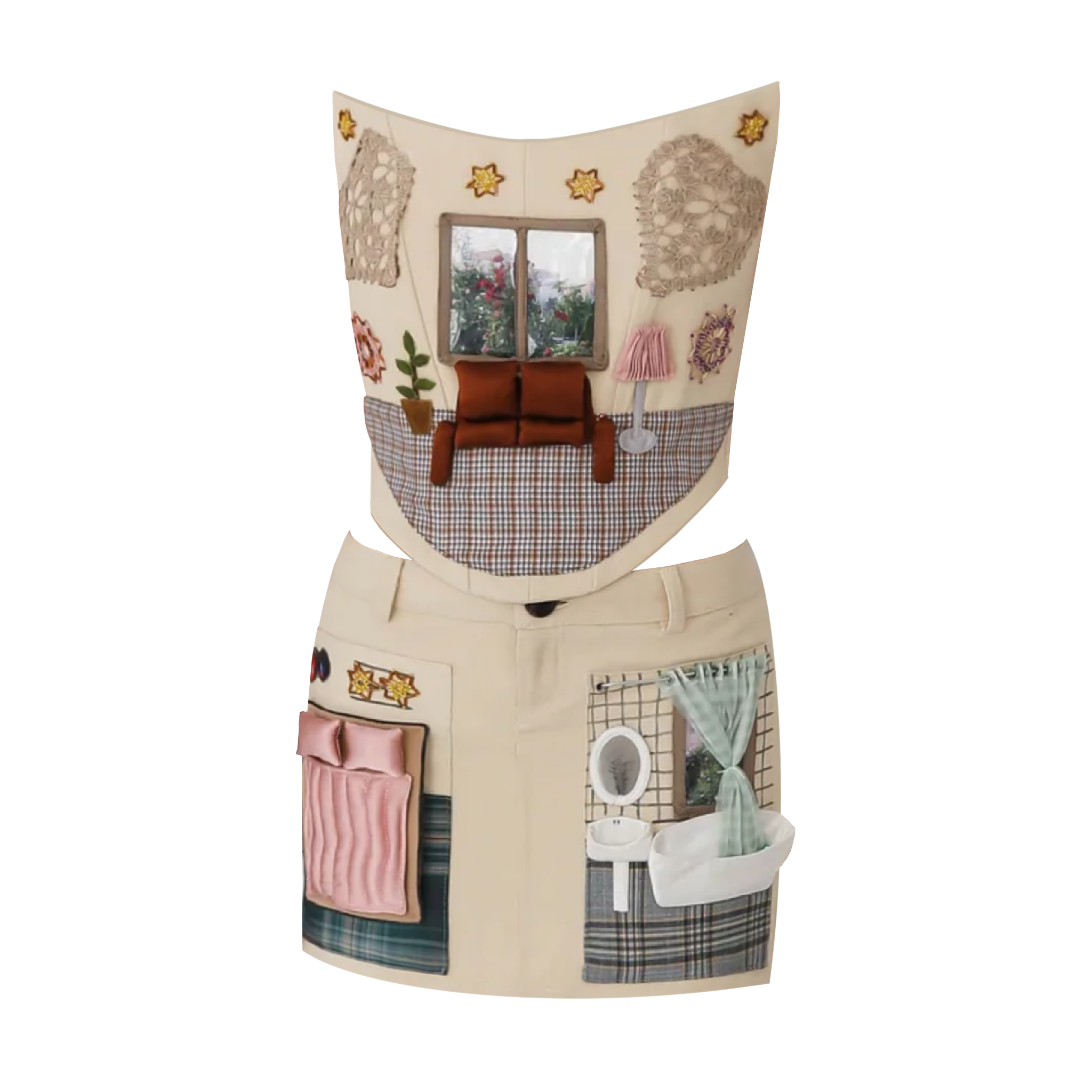 corset and skirt with apartment like figures and furniture, hand made and embroidered
