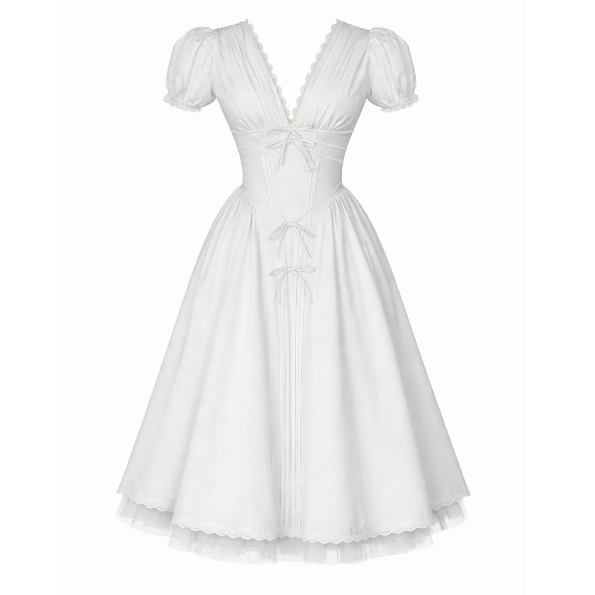 White midi A-Line dress with short puff sleeves, v-neck and embroidered bows
