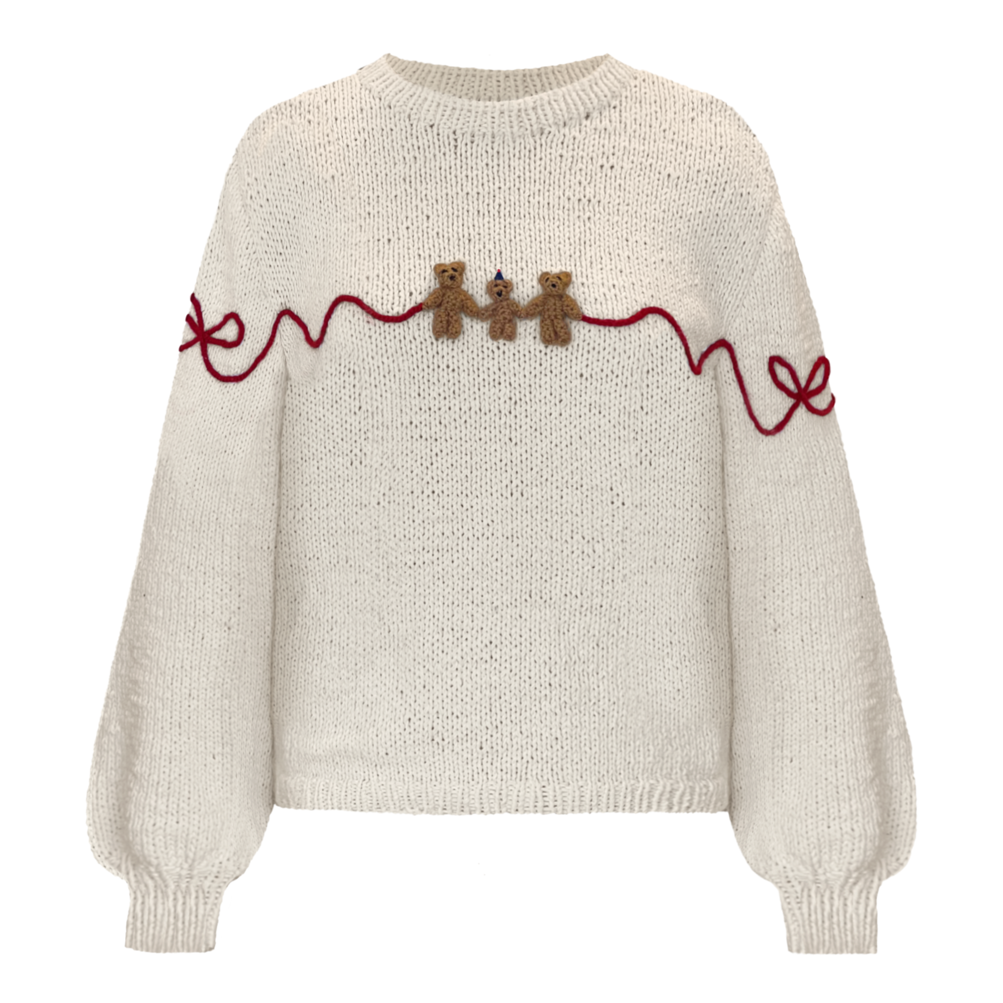 Beige hand knitted sweater with embroidered red bows and three bears.