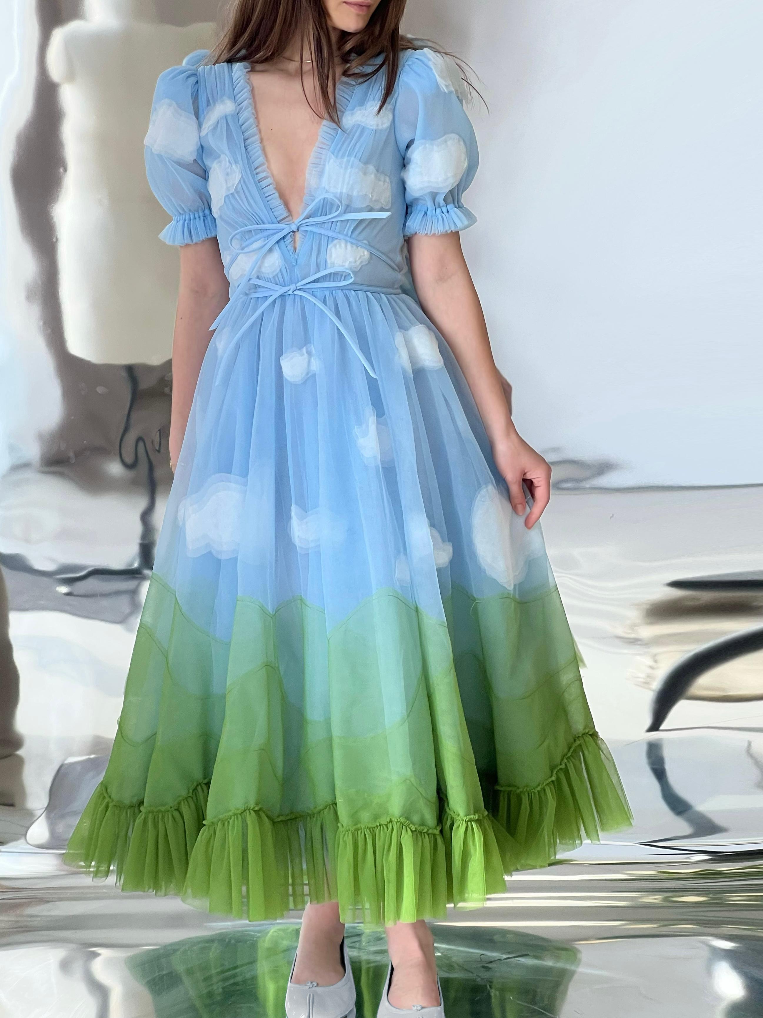 Blue and green midi dress made from tulle, with v-neck, short sleeves and cloud design