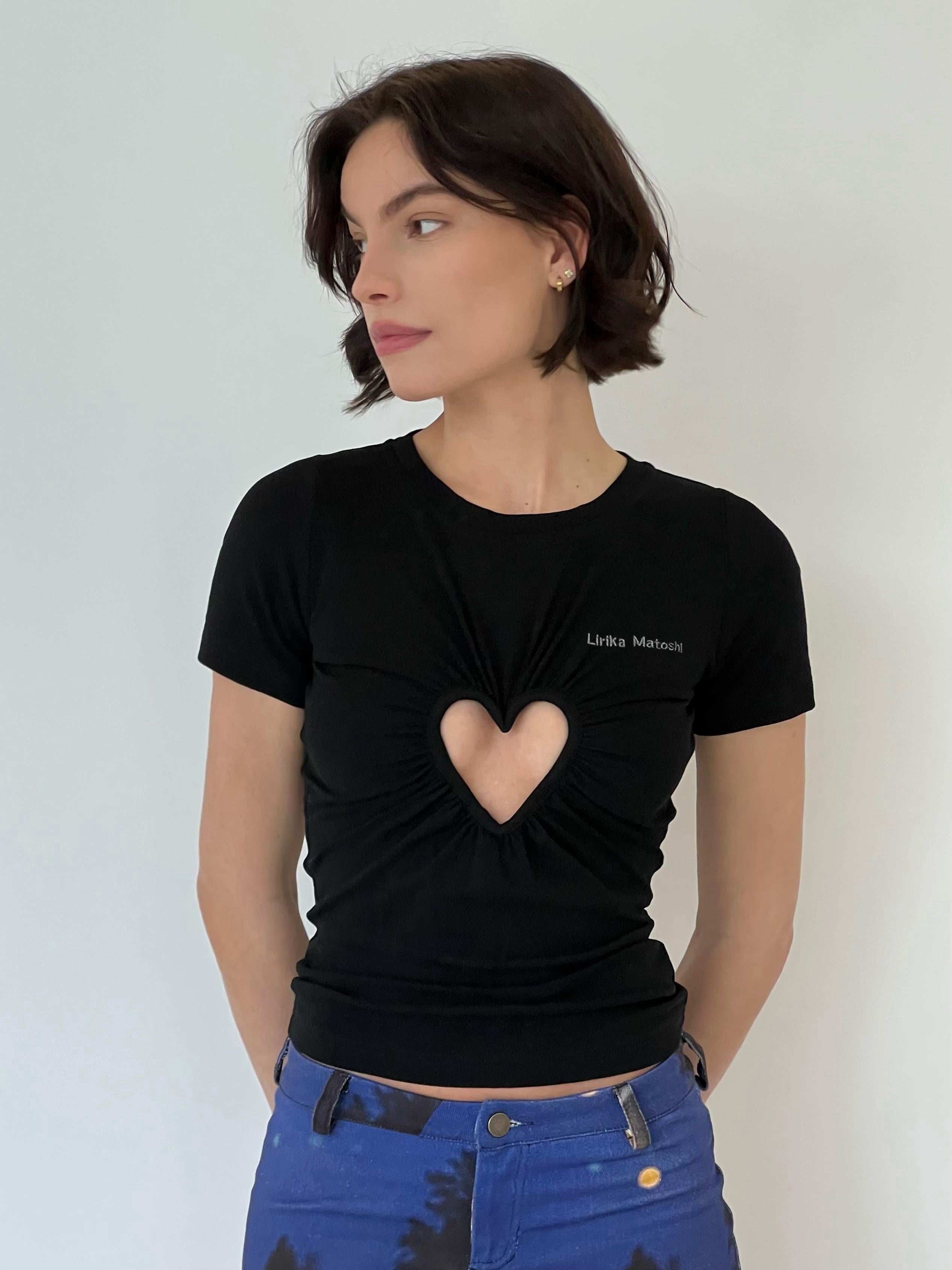 Black t-shirt with a heart design and embroidered logo brand