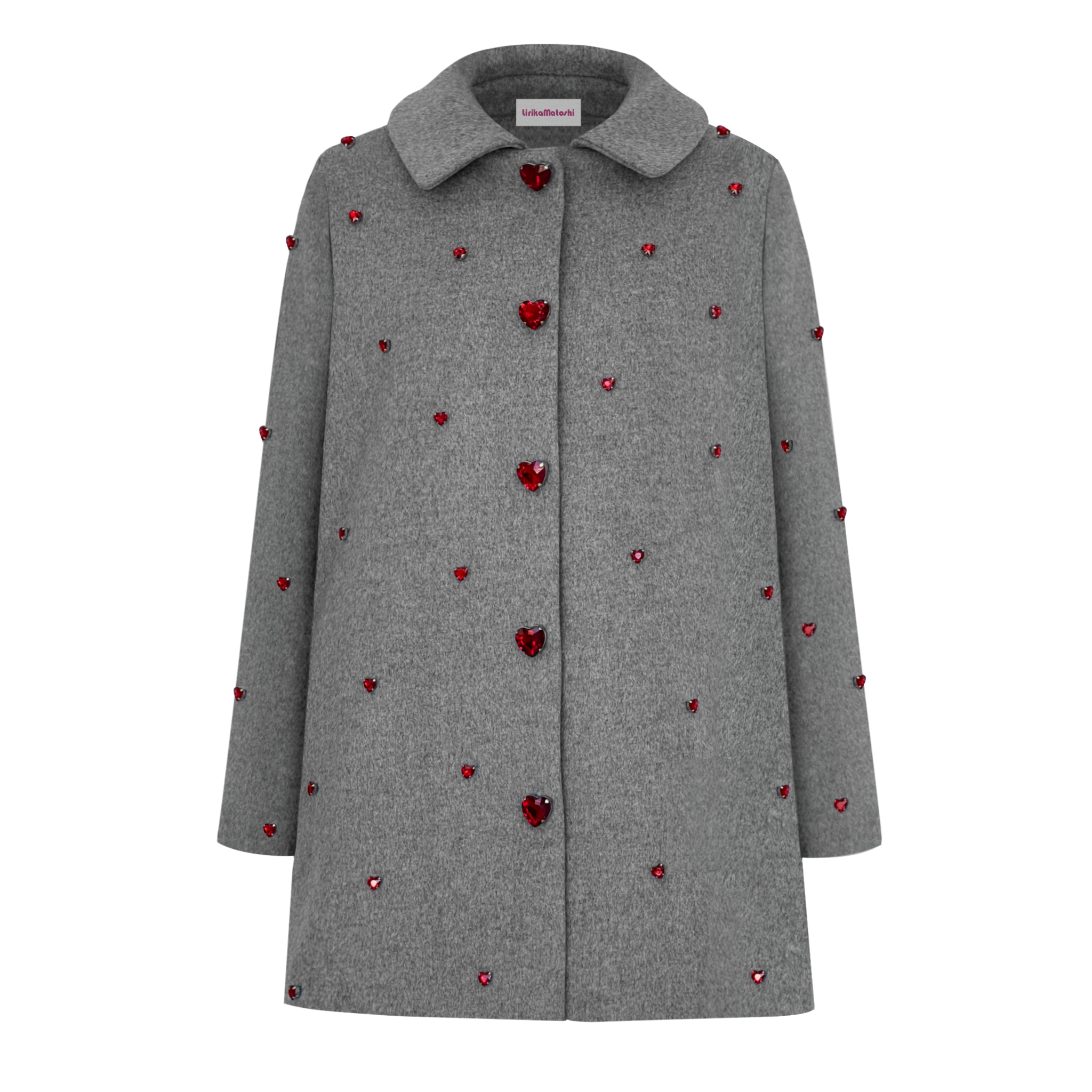 Gray coat with embroidered red heart embellishments