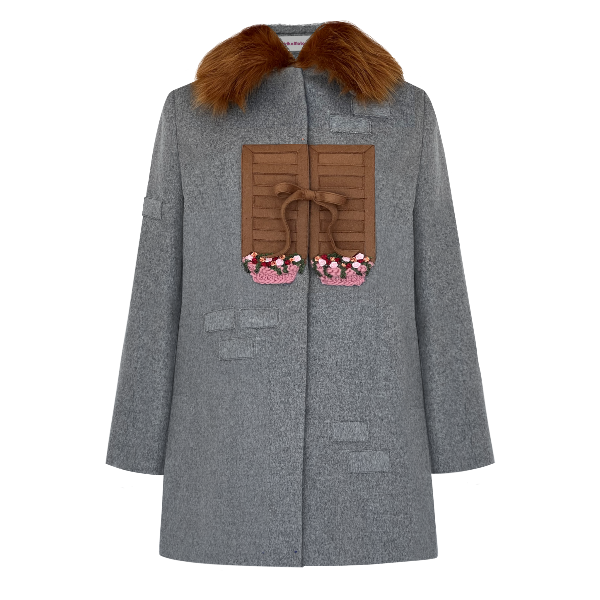 Gray coat with brown fur collar and decorative pockets