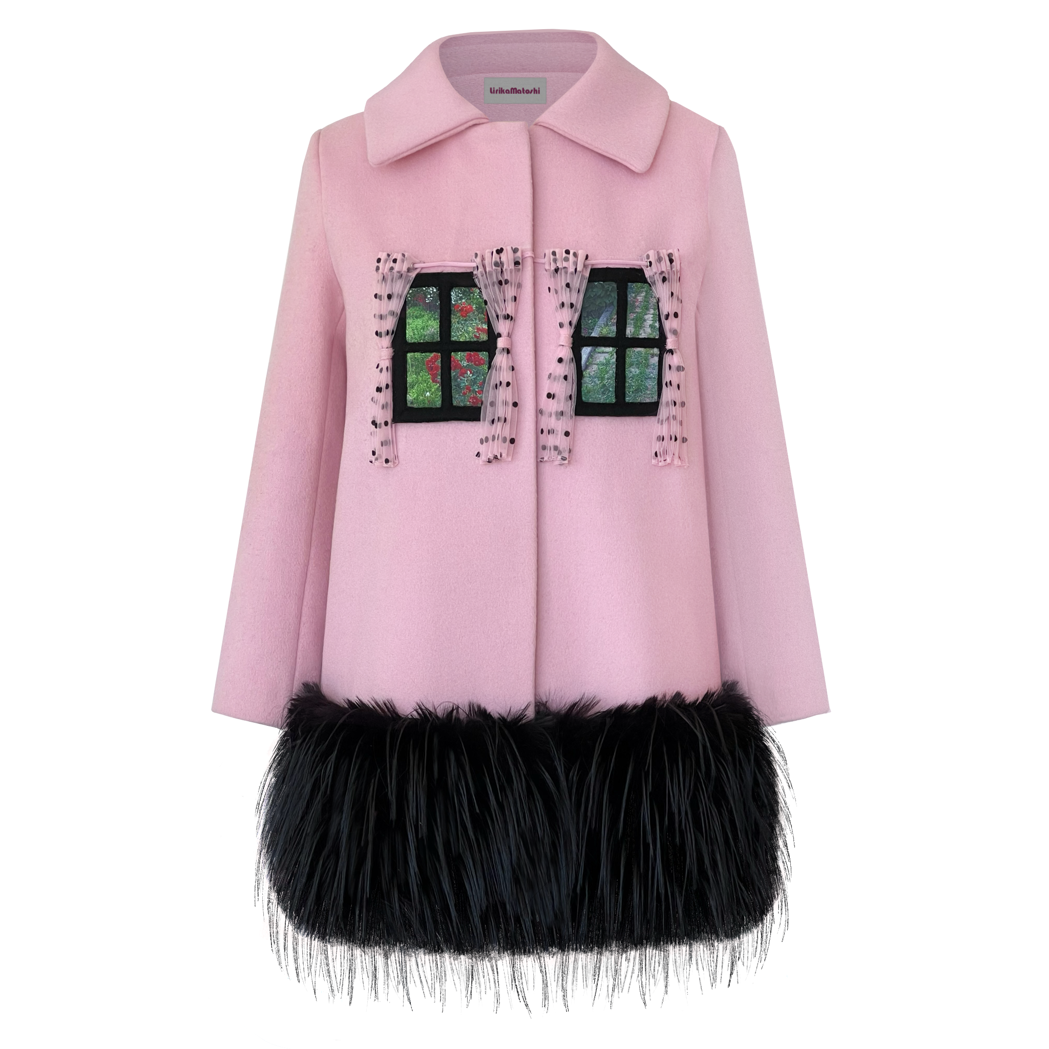Pink coat with black feathered hem and decorative window-like design