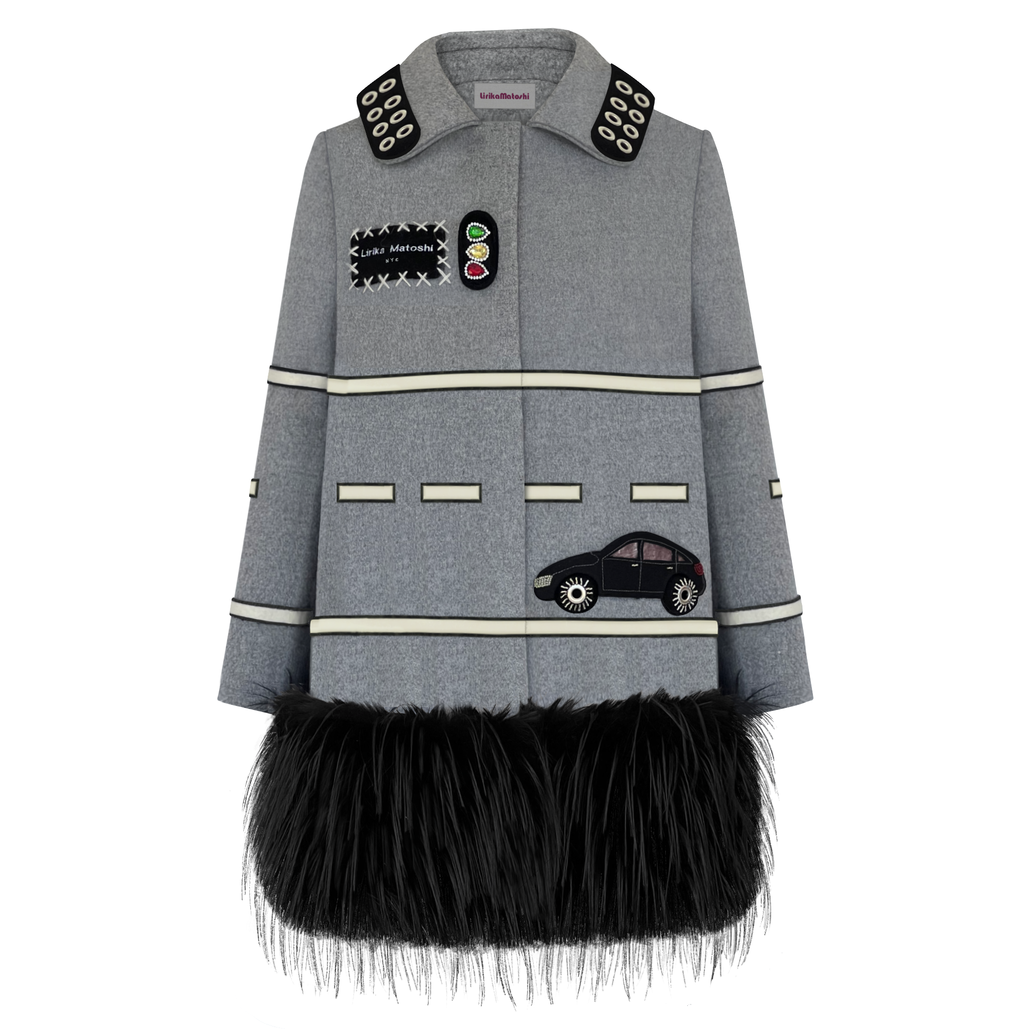 Gray coat with black feathered hem and car and traffic light patches