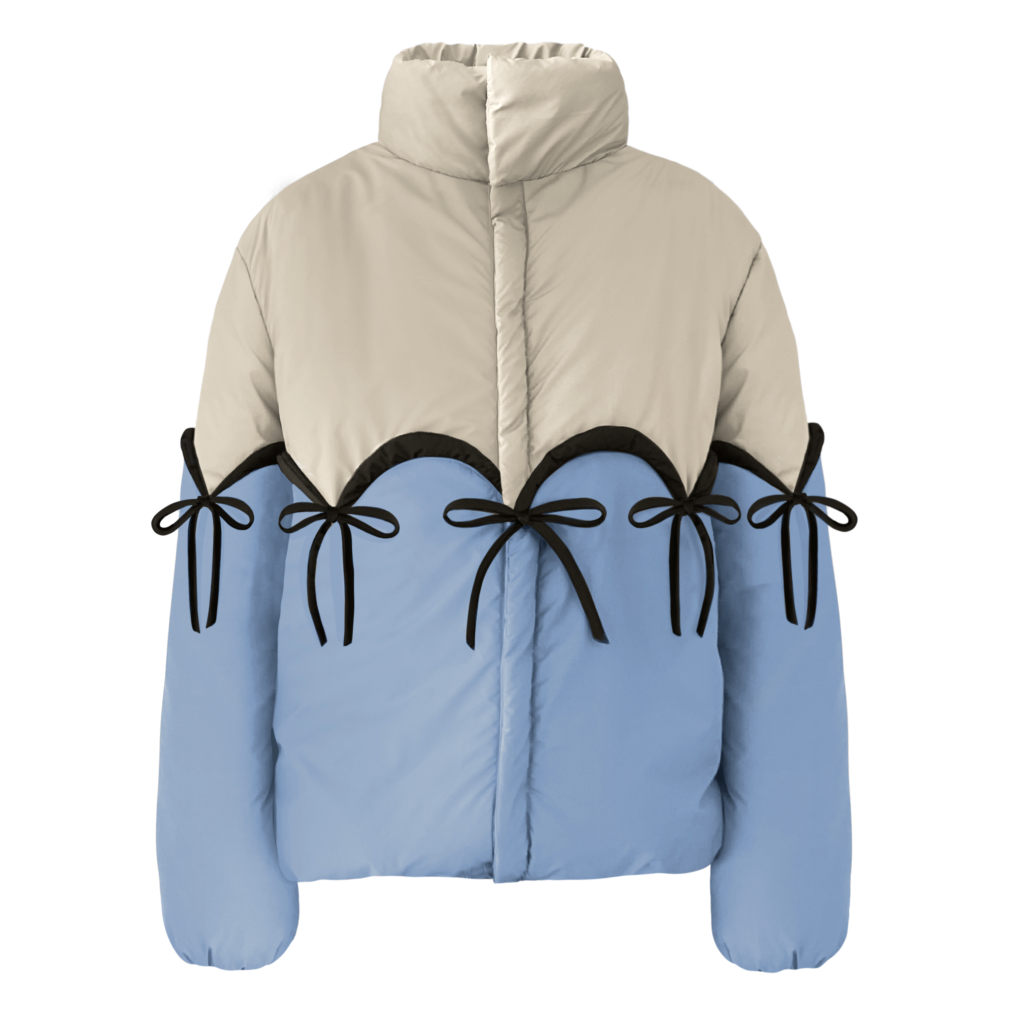Two-tone puffer jacket with beige top and blue bottom