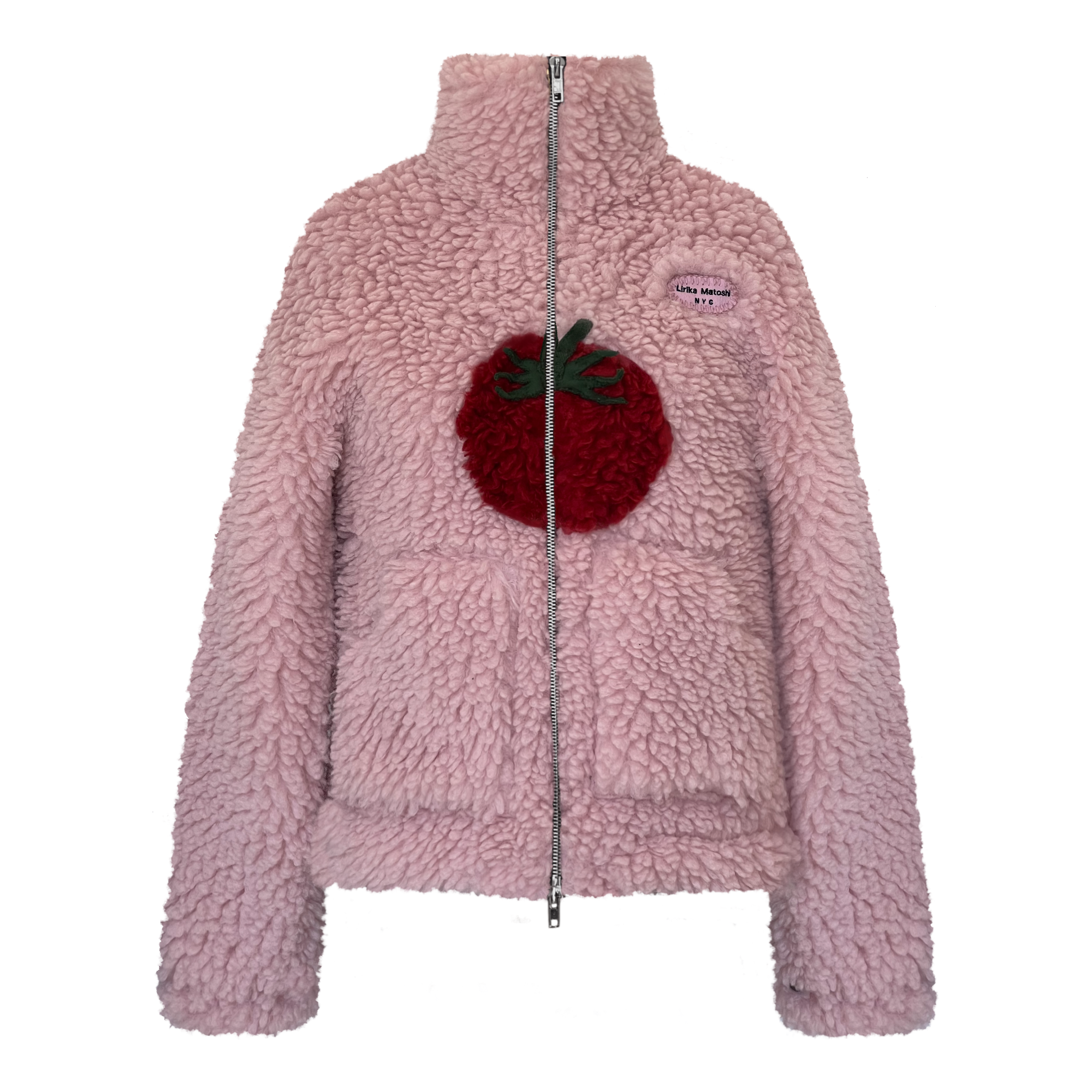 Pink fleece jacket with a tomato design