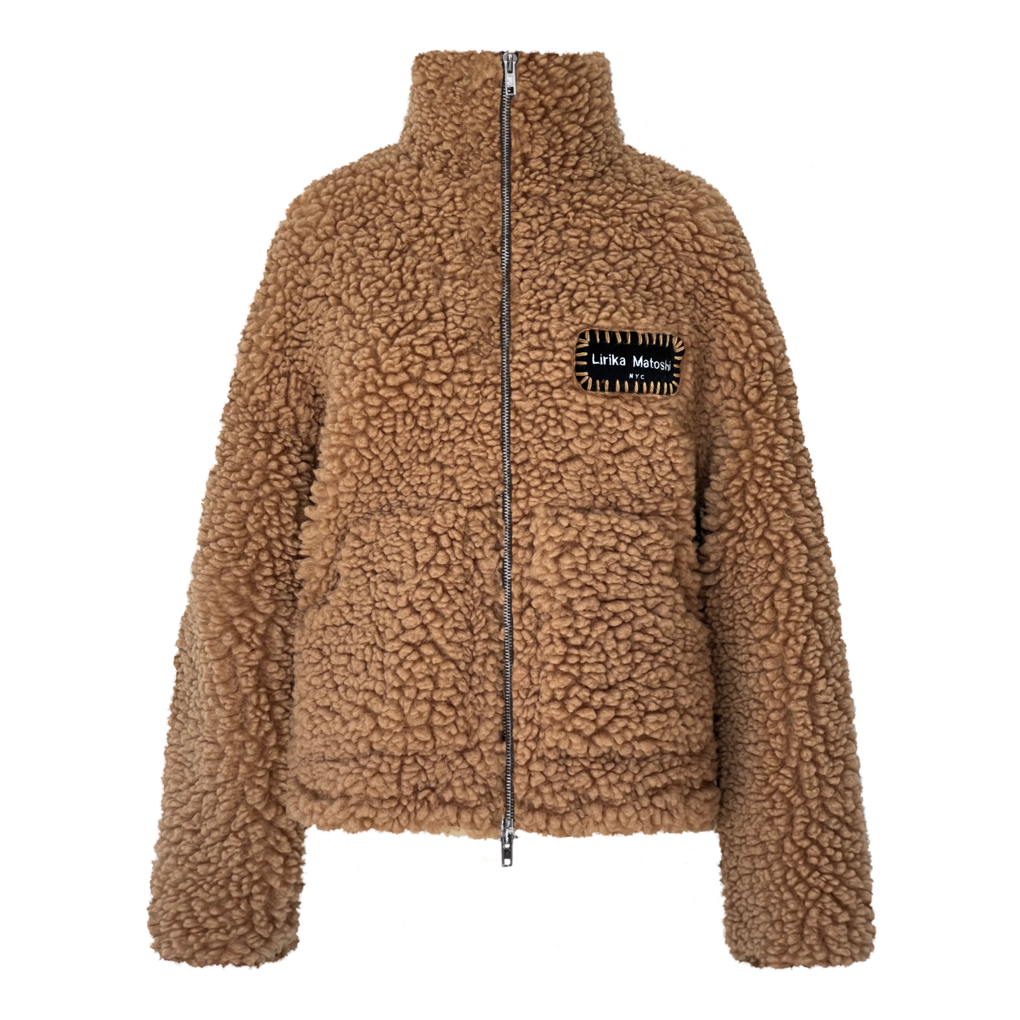Brown fleece jacket with a brand logo