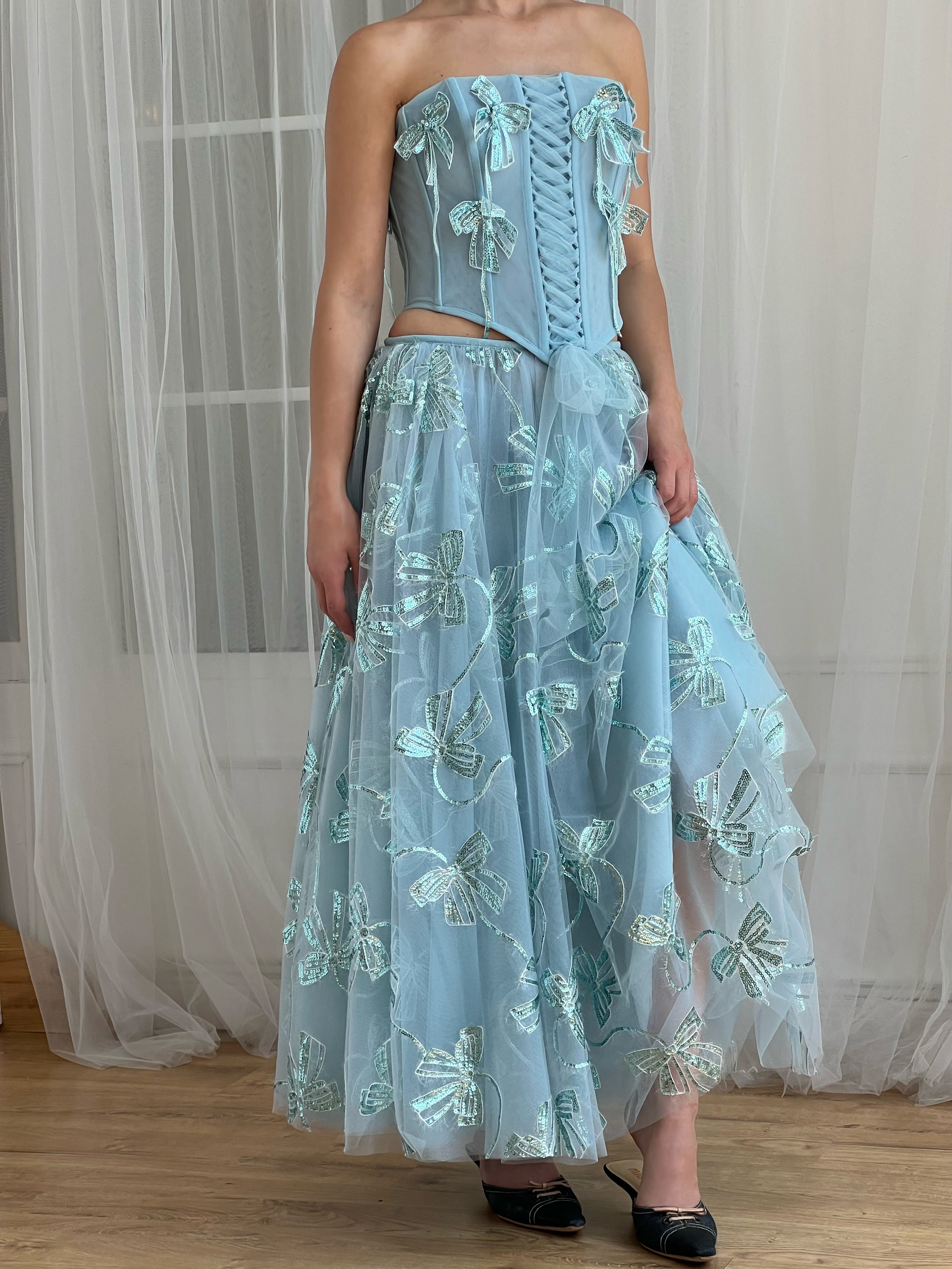 Blue midi two piece dress with embroidered butterflies