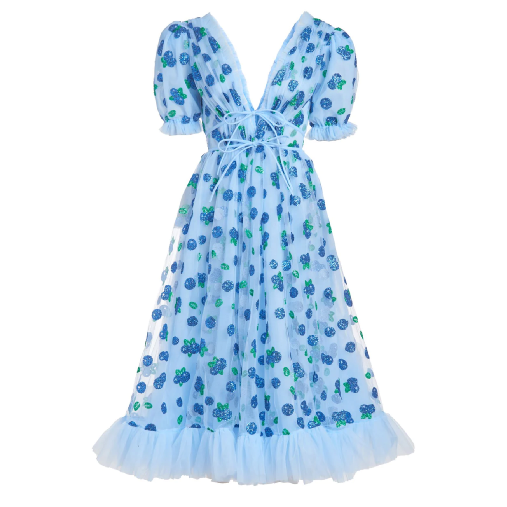 A midi dress with a blue base covered in glittery blueberries. It features puffy sleeves and a tie-up detail at the waist.