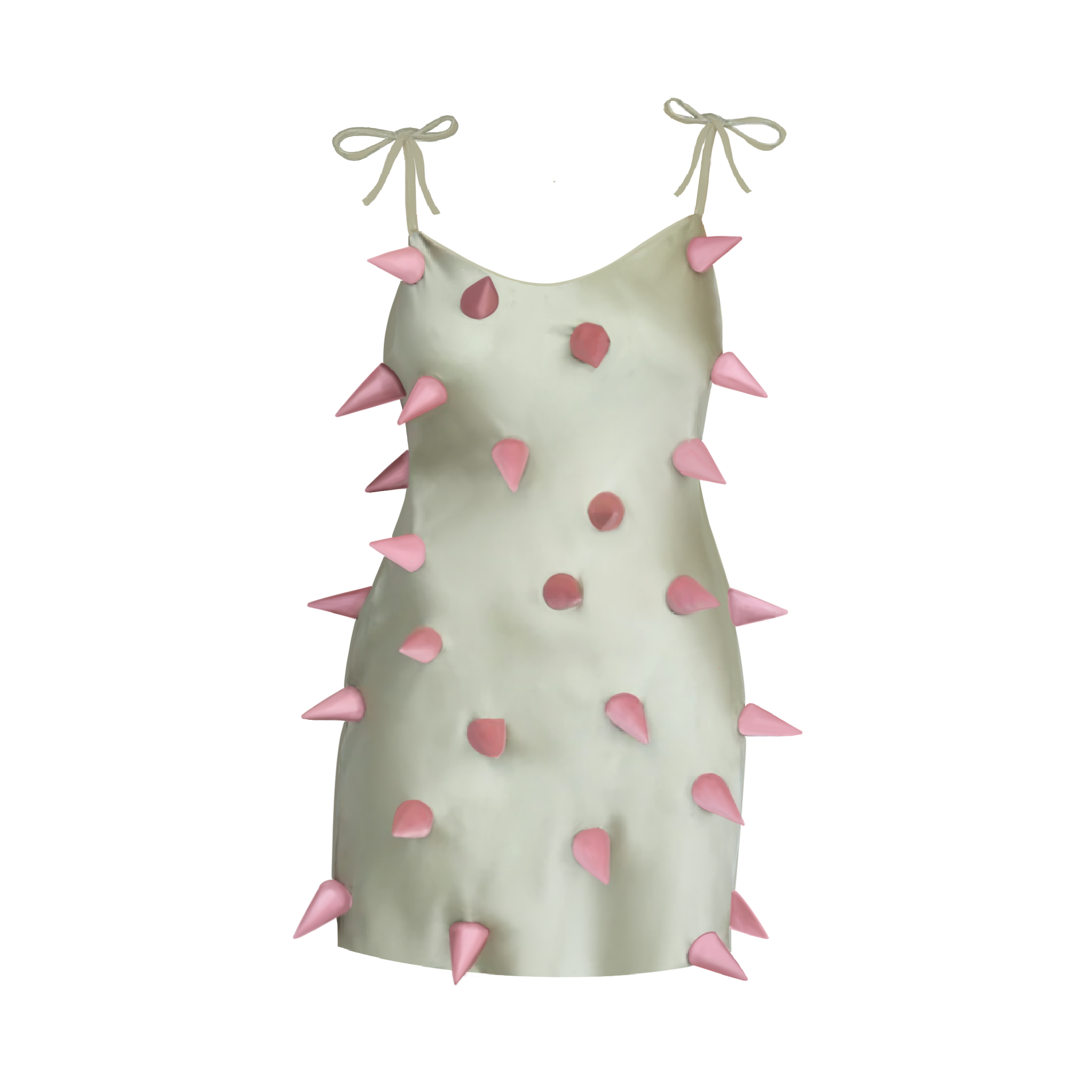 A green silk dress with an abstract pattern of pink spikes and details, featuring a square neckline and thin shoulder straps.