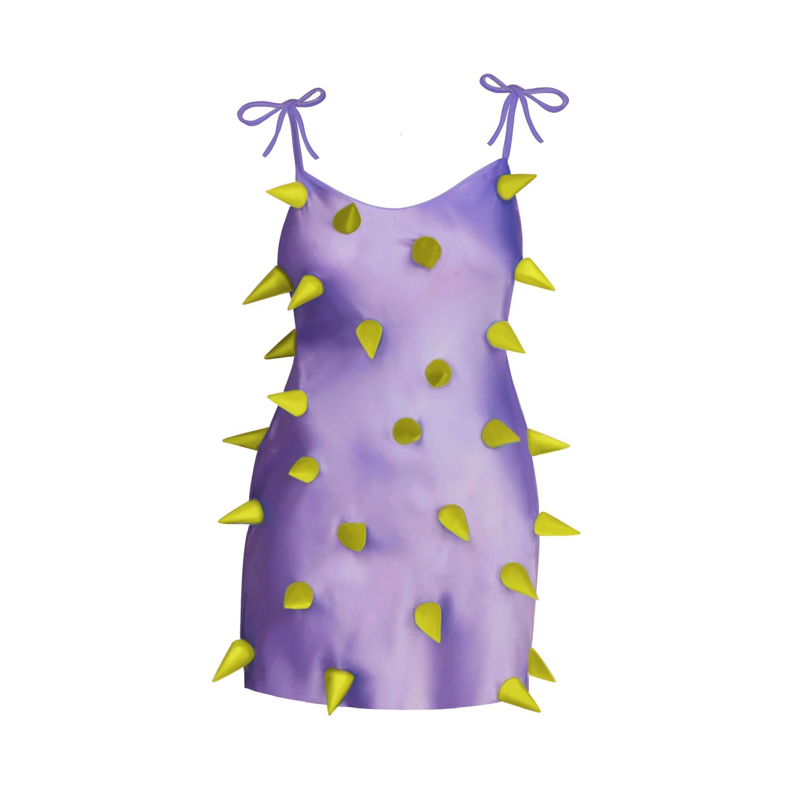 A purple silk dress with an abstract pattern of pink spikes and details, featuring a square neckline and thin shoulder straps.