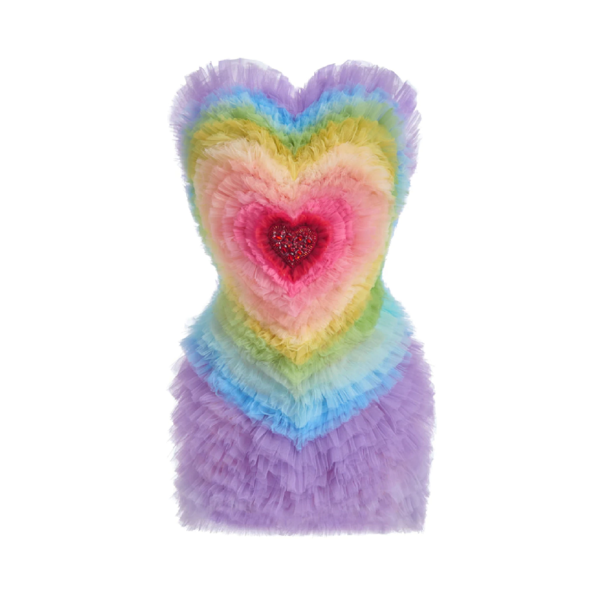 A multicolored tulle dress with a heart-shaped design, featuring a spectrum of rainbow colors across the fabric.