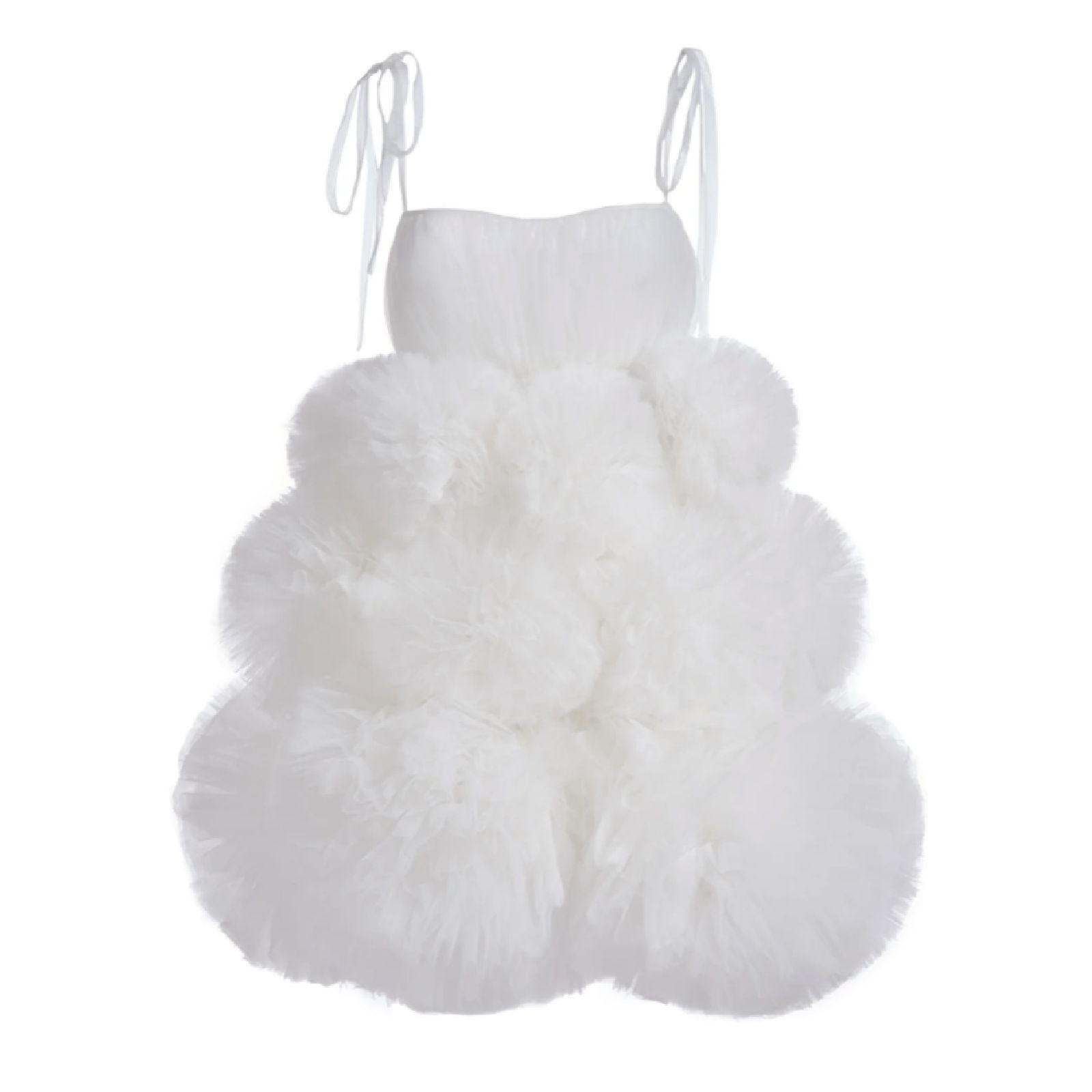 A white, tulle mini dress with a fluffy design and thin straps.