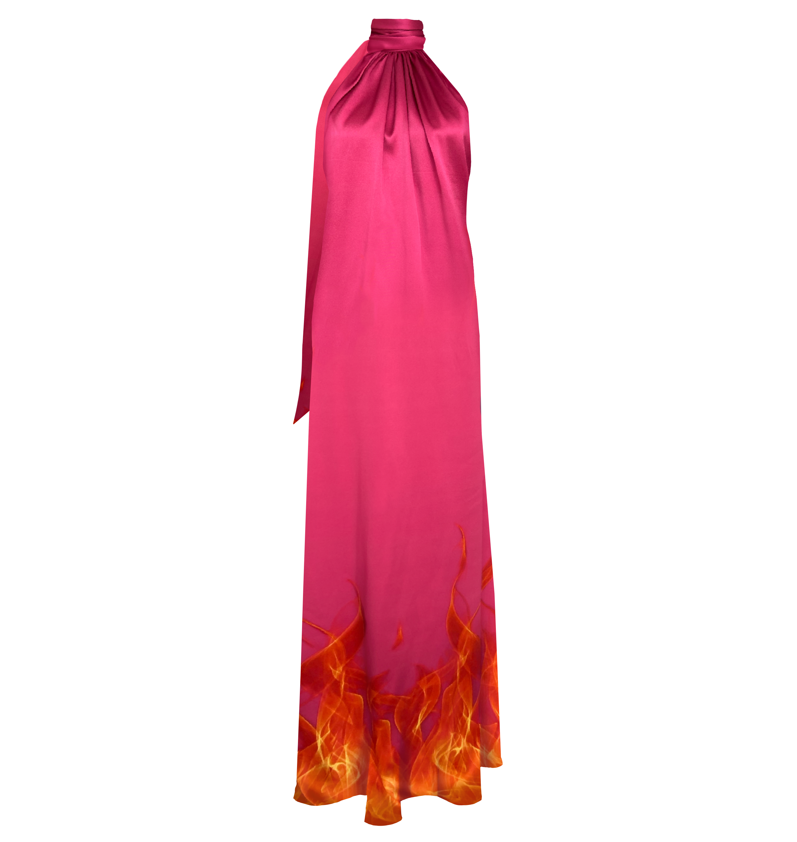 Pink maxi silk dress with blue flames