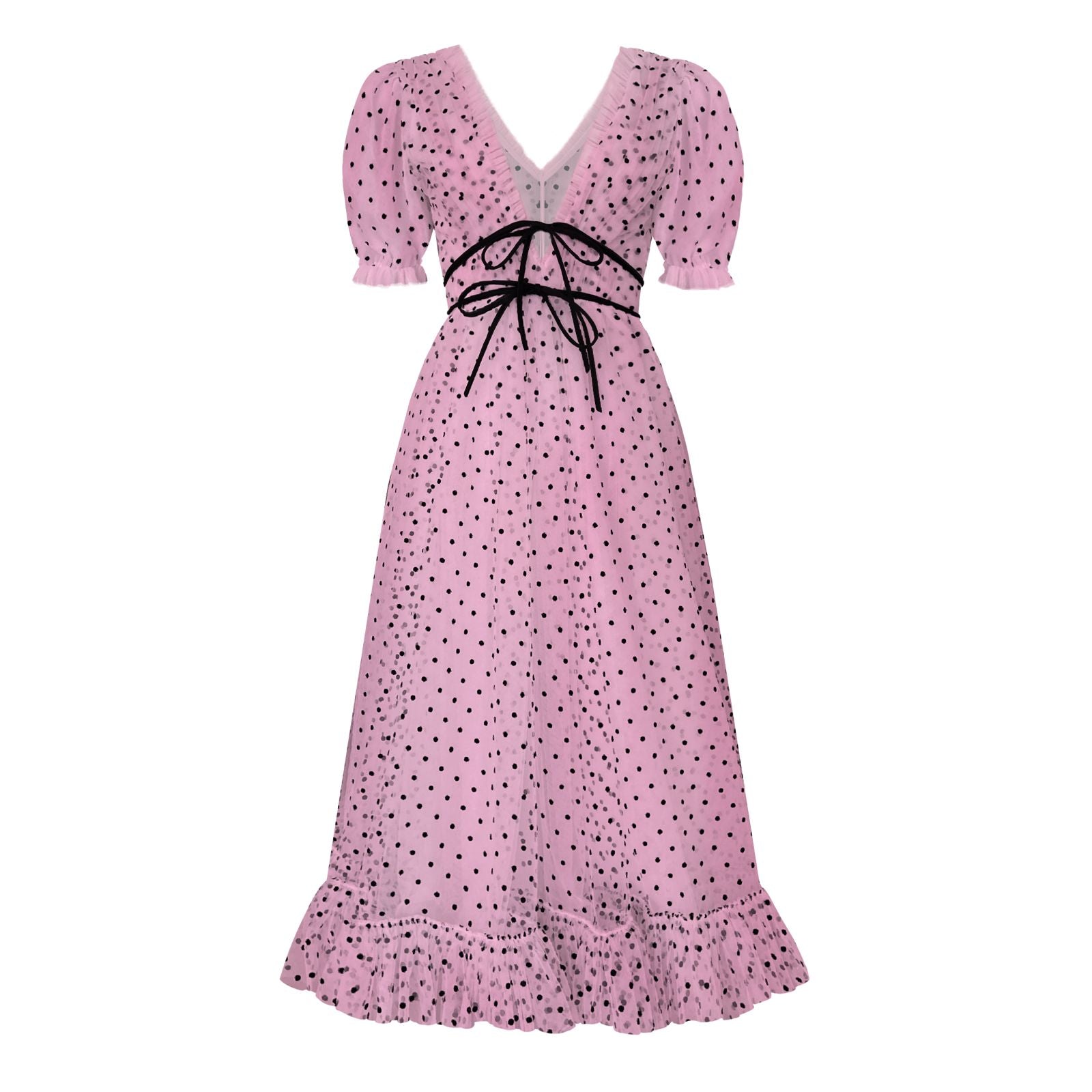 Pink tulle midi dress with black polka dots