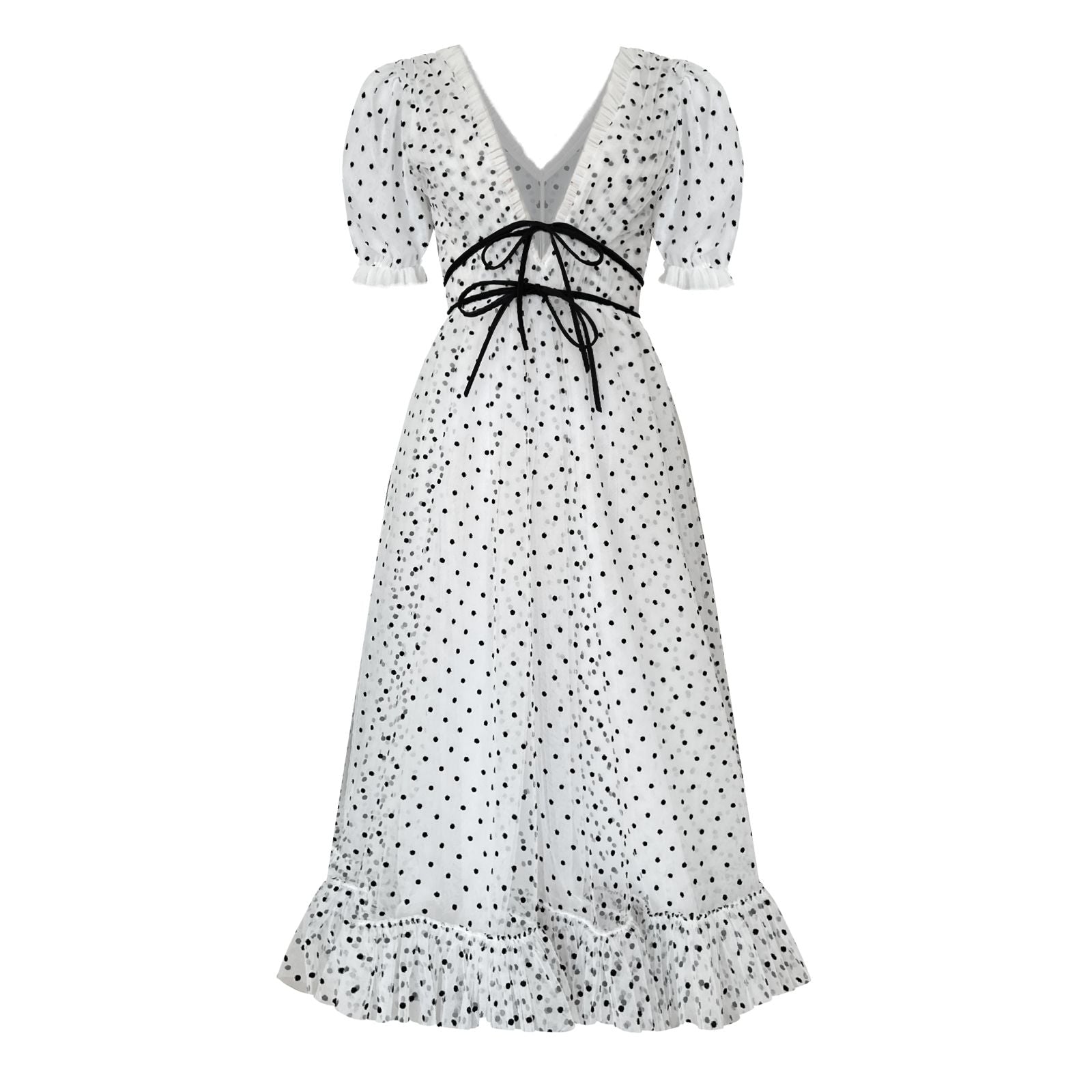 white tulle midi dress with black polka dots