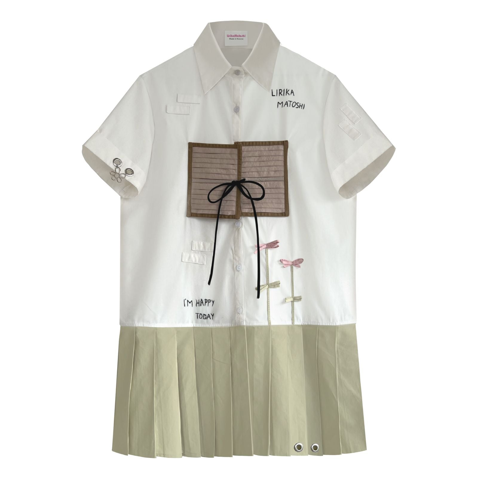 mini white and beige dress with embroidered figures