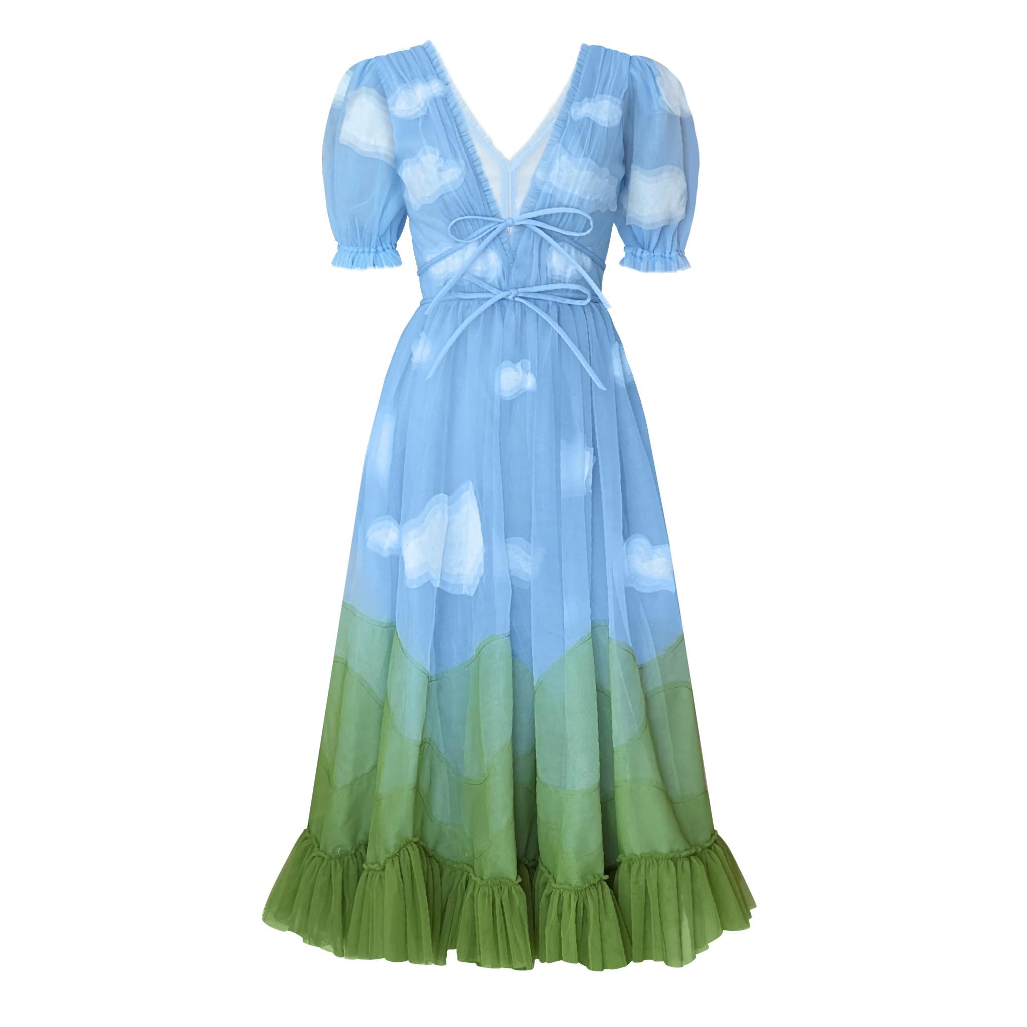 Blue and green midi dress made from tulle, with v-neck, short sleeves and cloud design