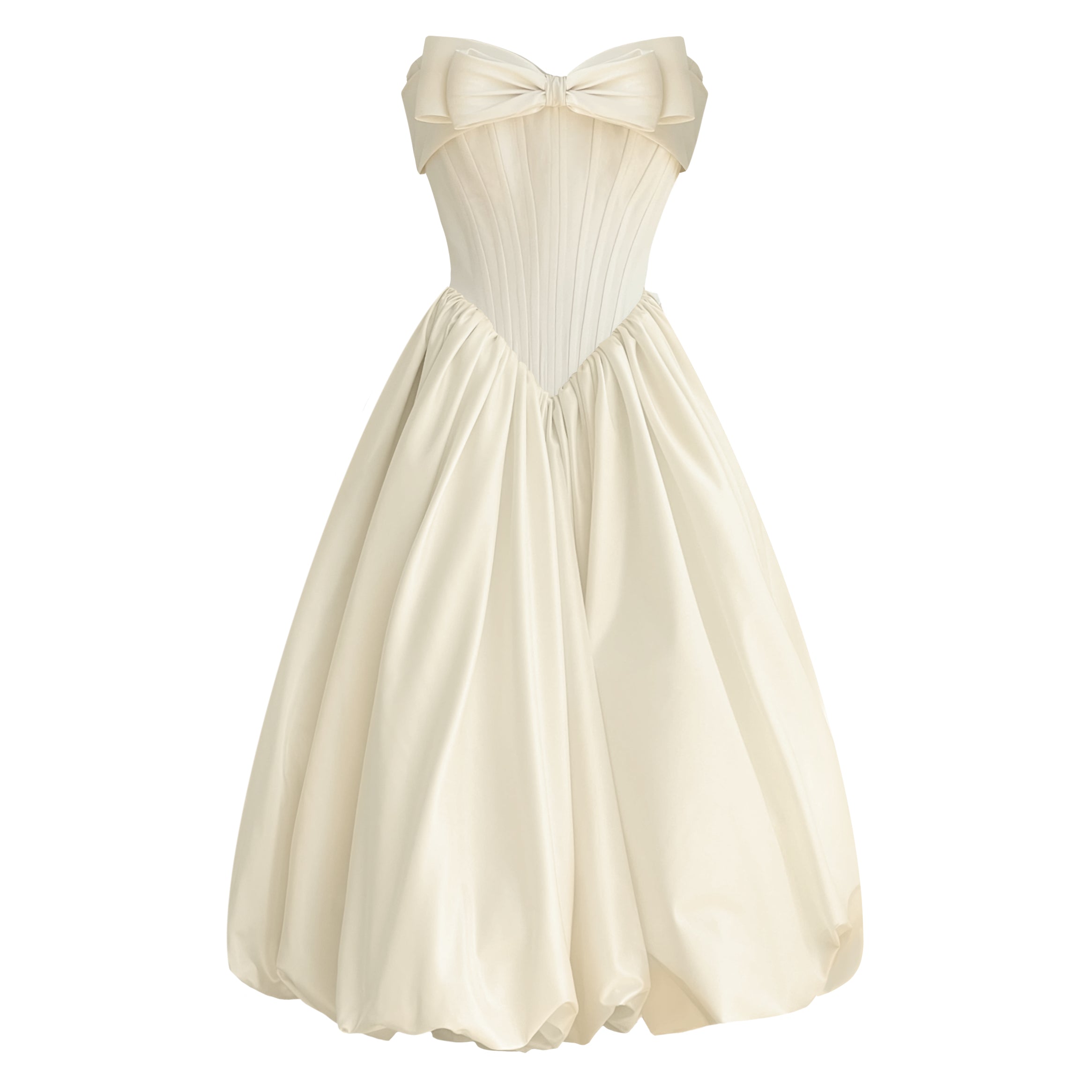 Cream-colored strapless dress with a large bow detail