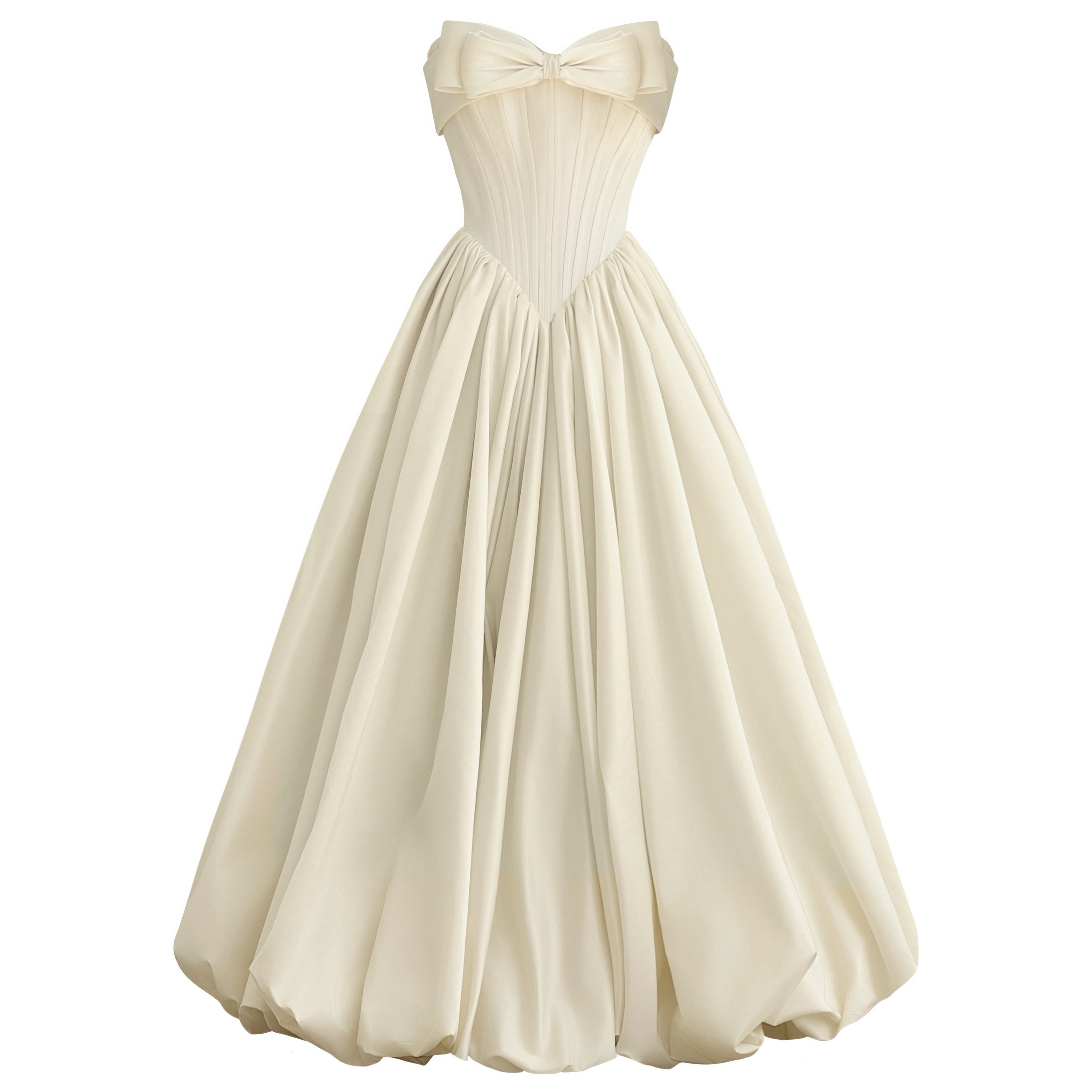 Beige evening gown with a large bow detail