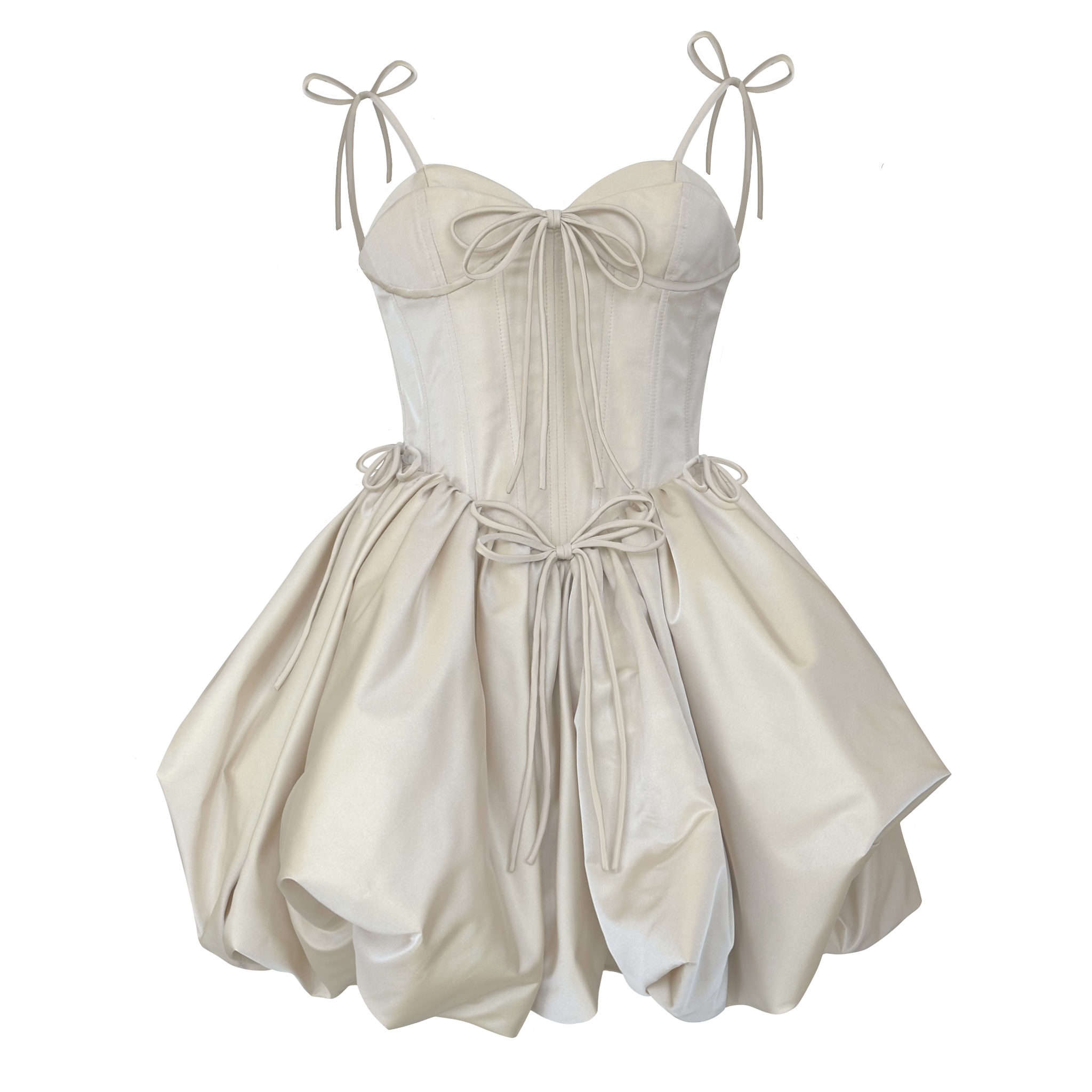 Beige mini dress with a corset-style bodice and balloon skirt