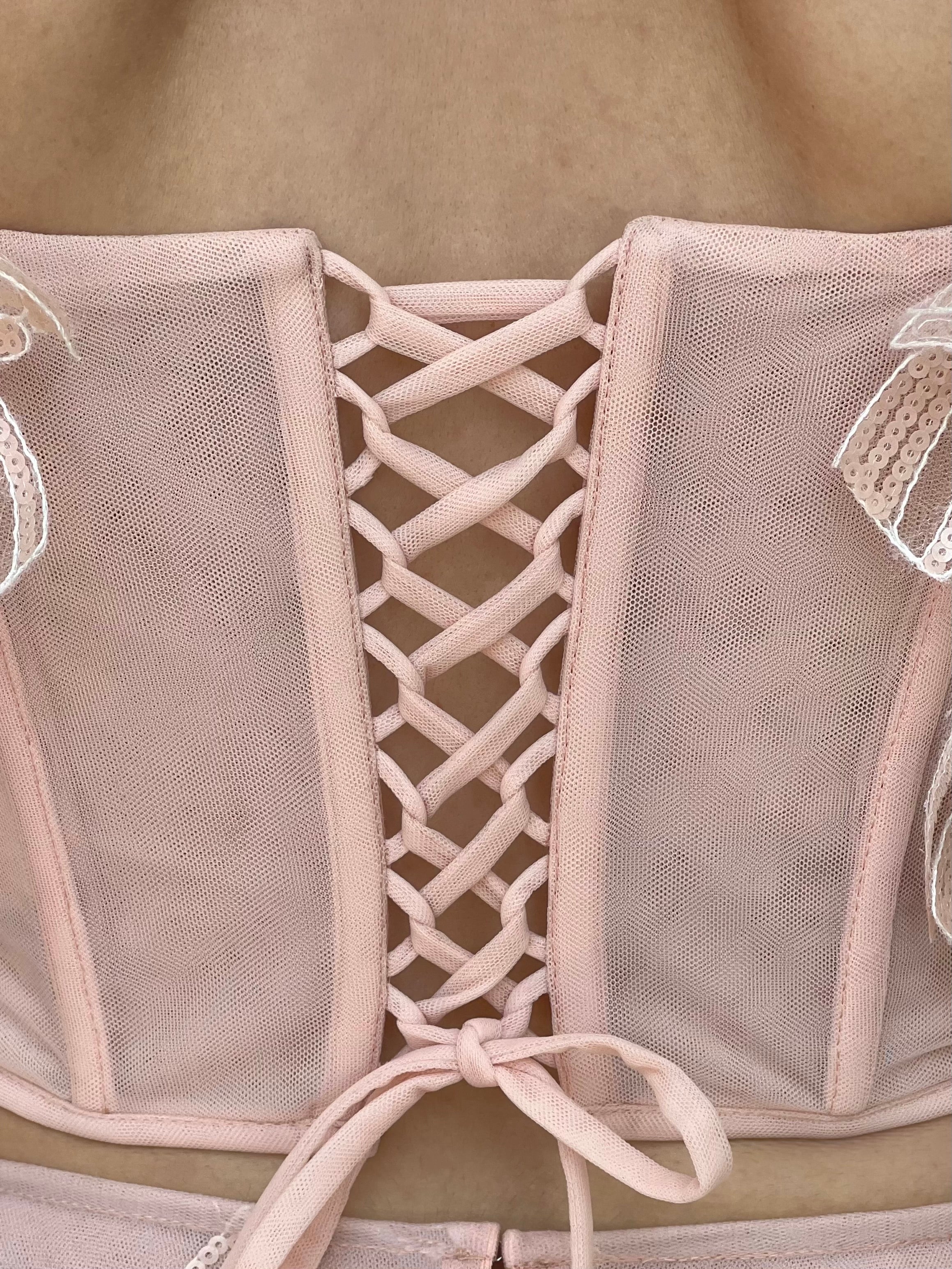 Pink midi two piece dress with embroidered butterflies