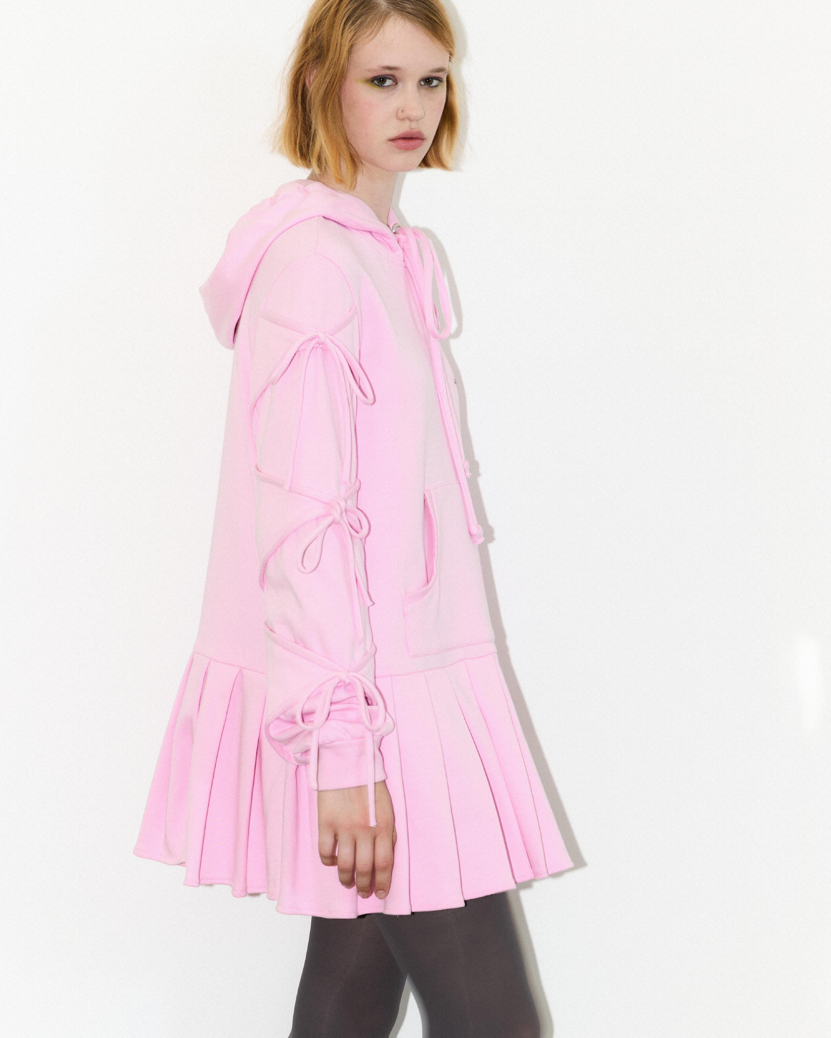 pink sweatshirt dress with bows and long sleeves