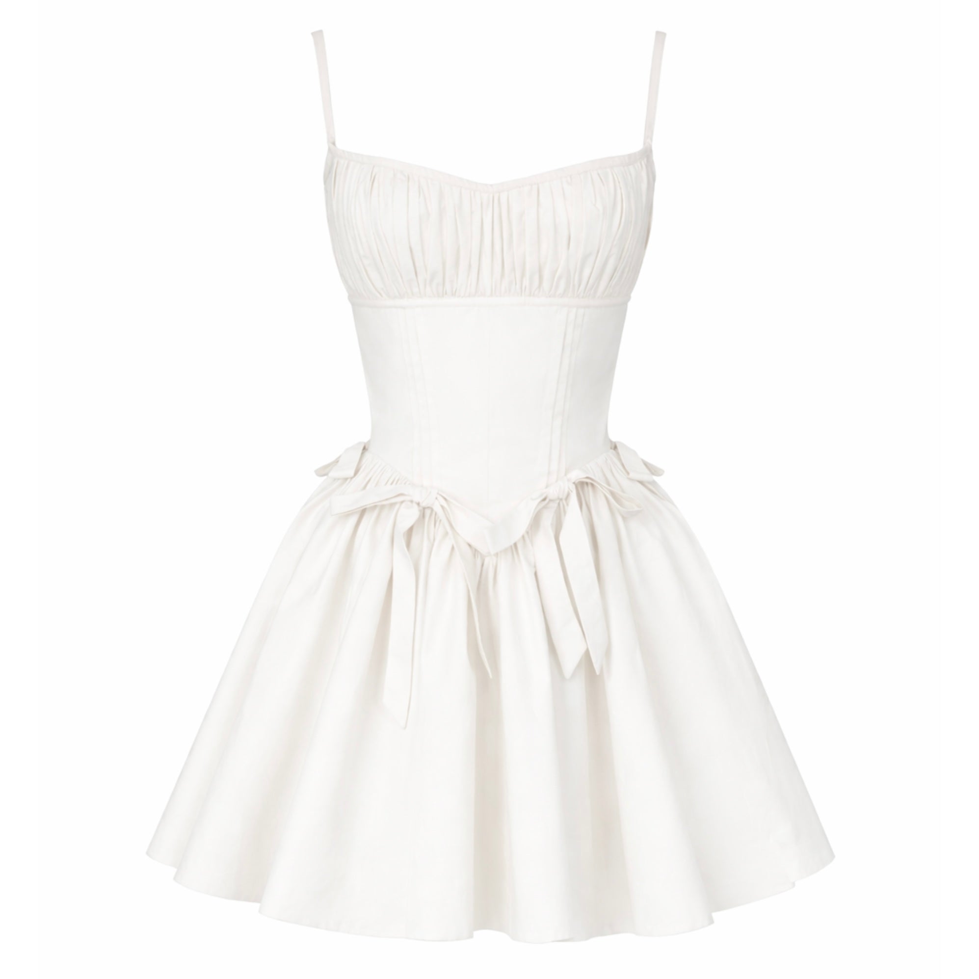 White mini dress with straps and embroidered bows