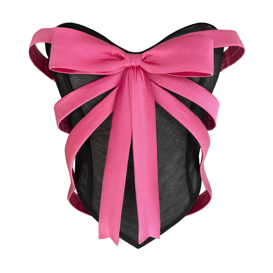 black corset with pink bow