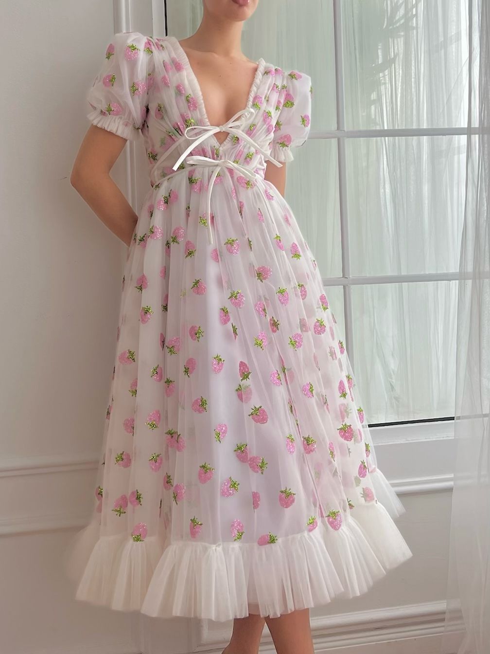 White strawberry midi dress