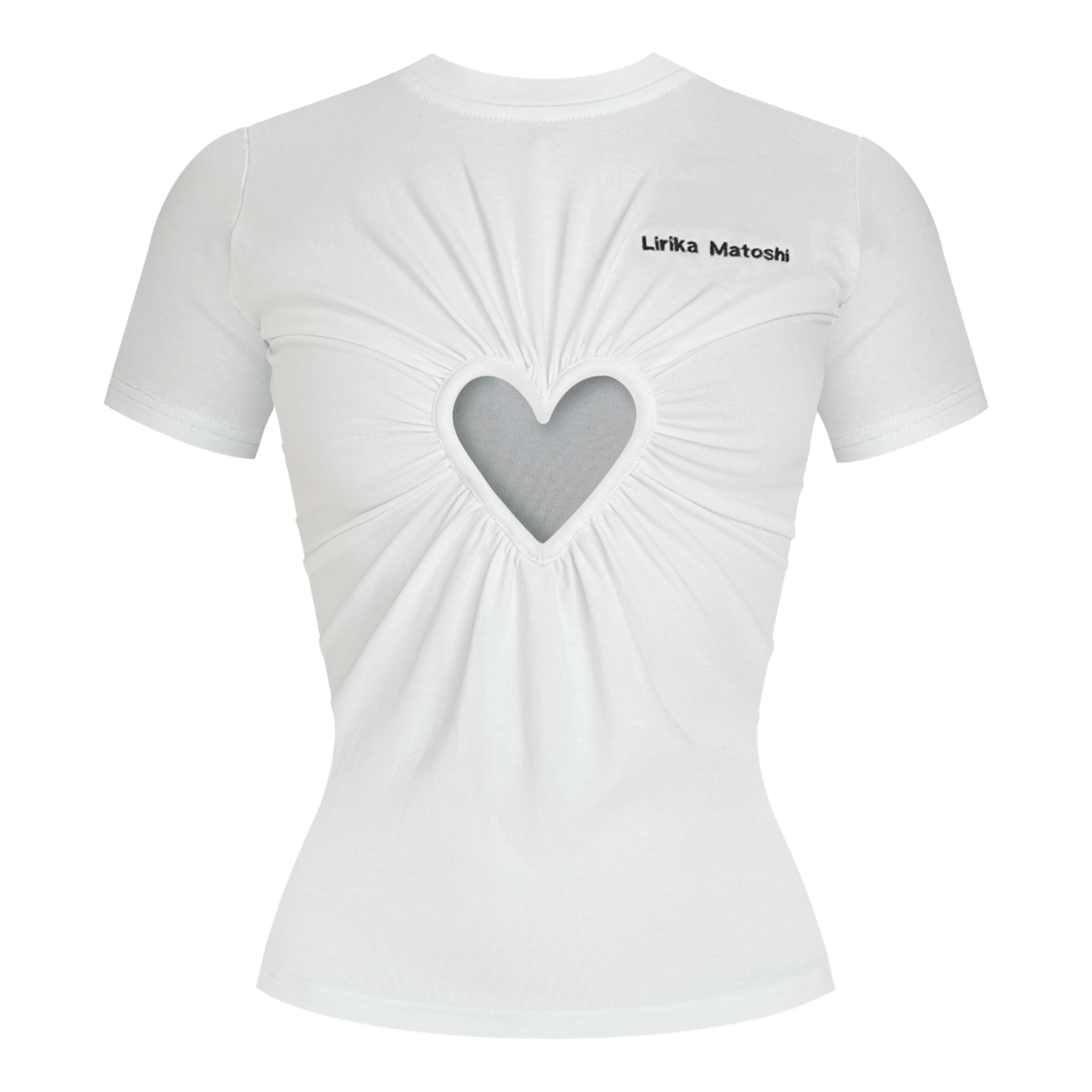 White t-shirt with a heart design and embroidered logo brand