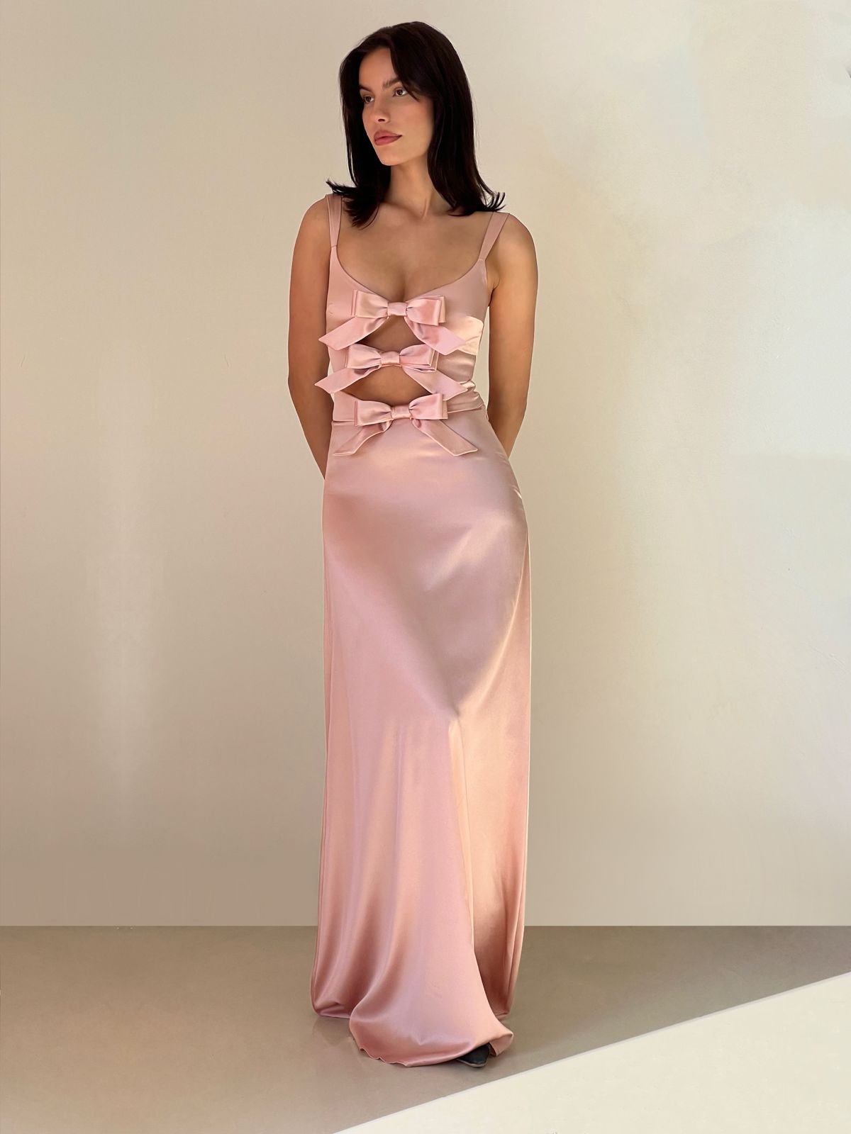 Pink Silk Maxi Dress with straps and bows