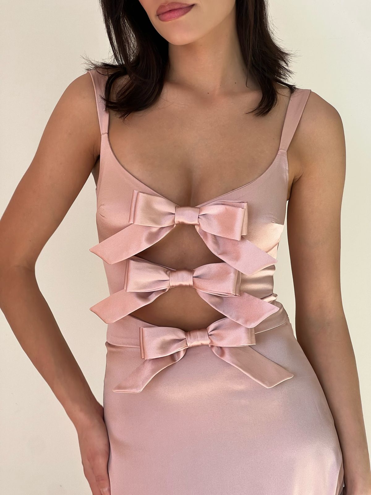 Pink Silk Maxi Dress with straps and bows