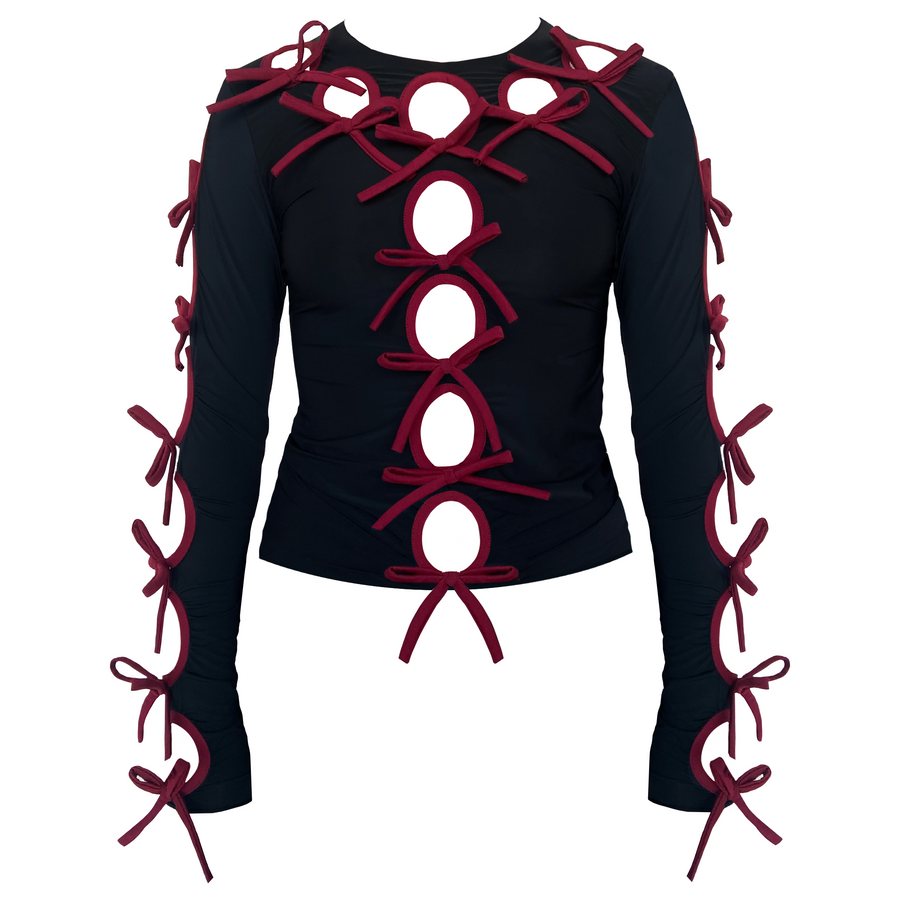 top made from spandex with red bows