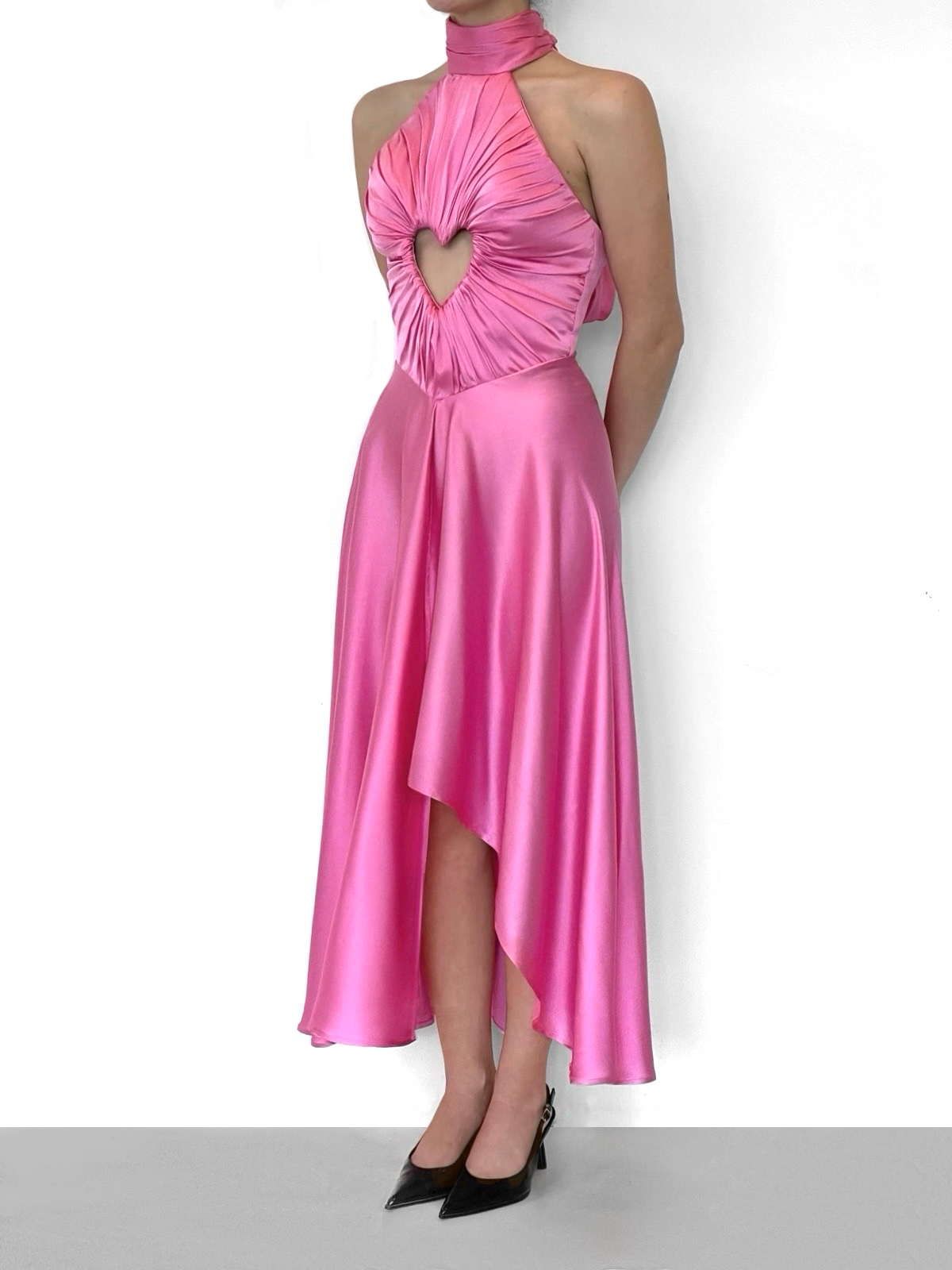 Pink halter neck gown with a heart-shaped cutout