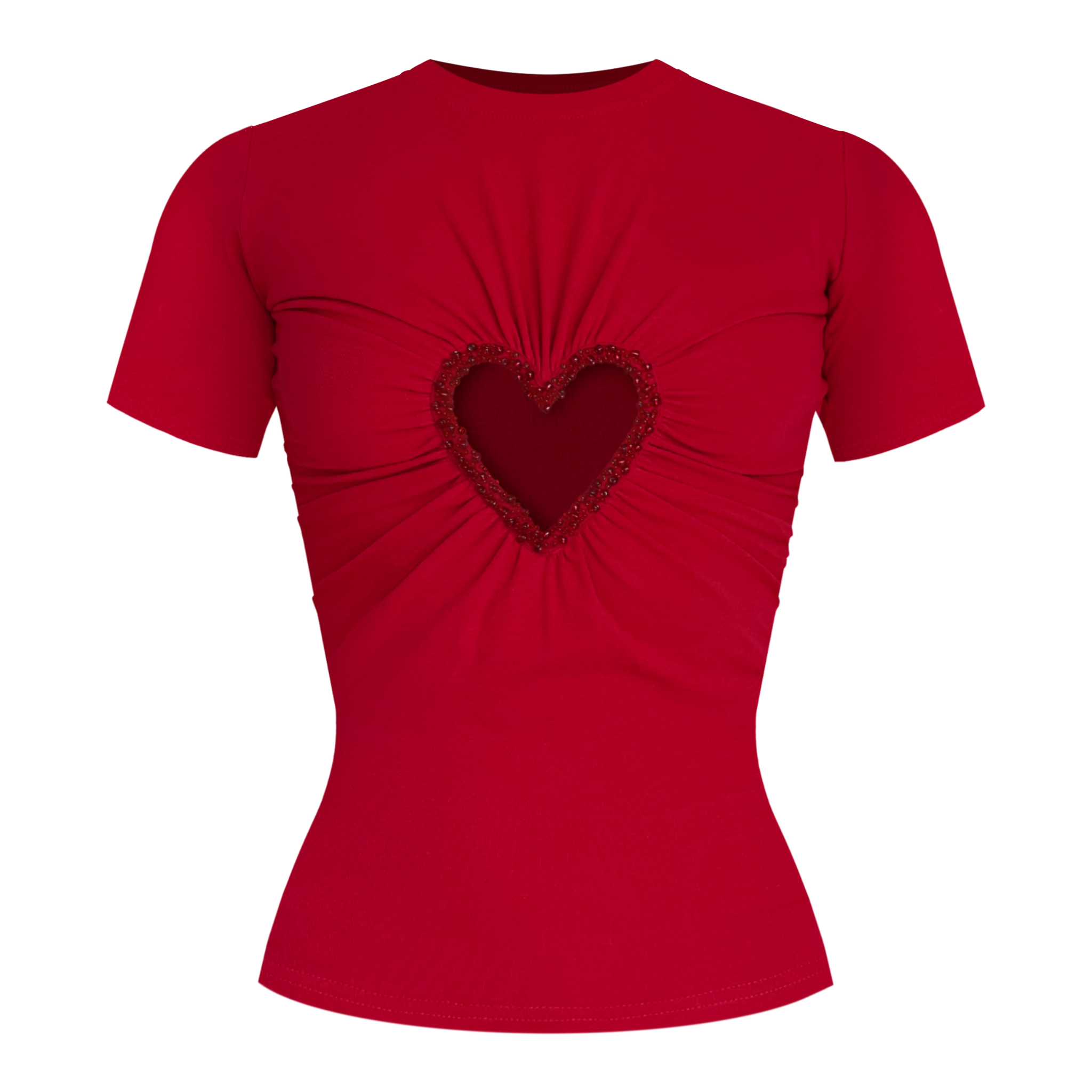 Red t-shirt with a heart-shaped design