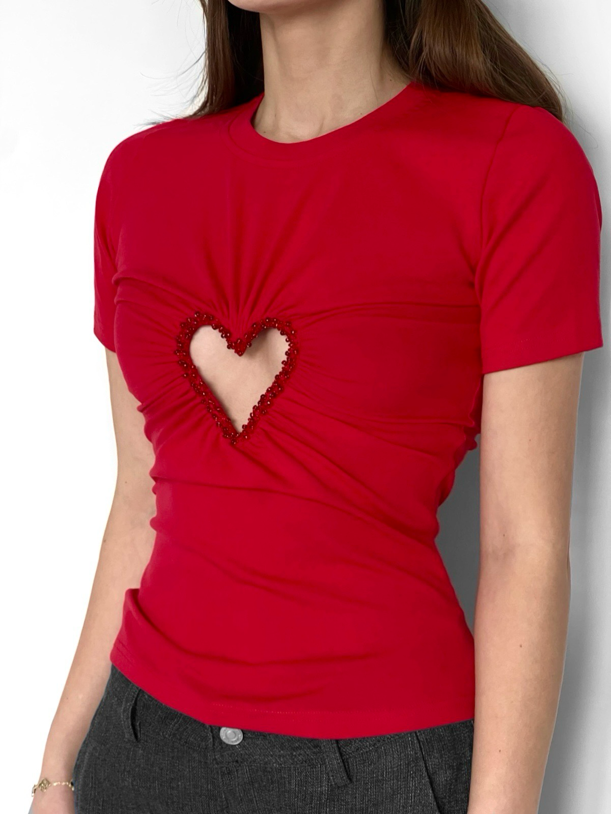 Red t-shirt with a heart-shaped design