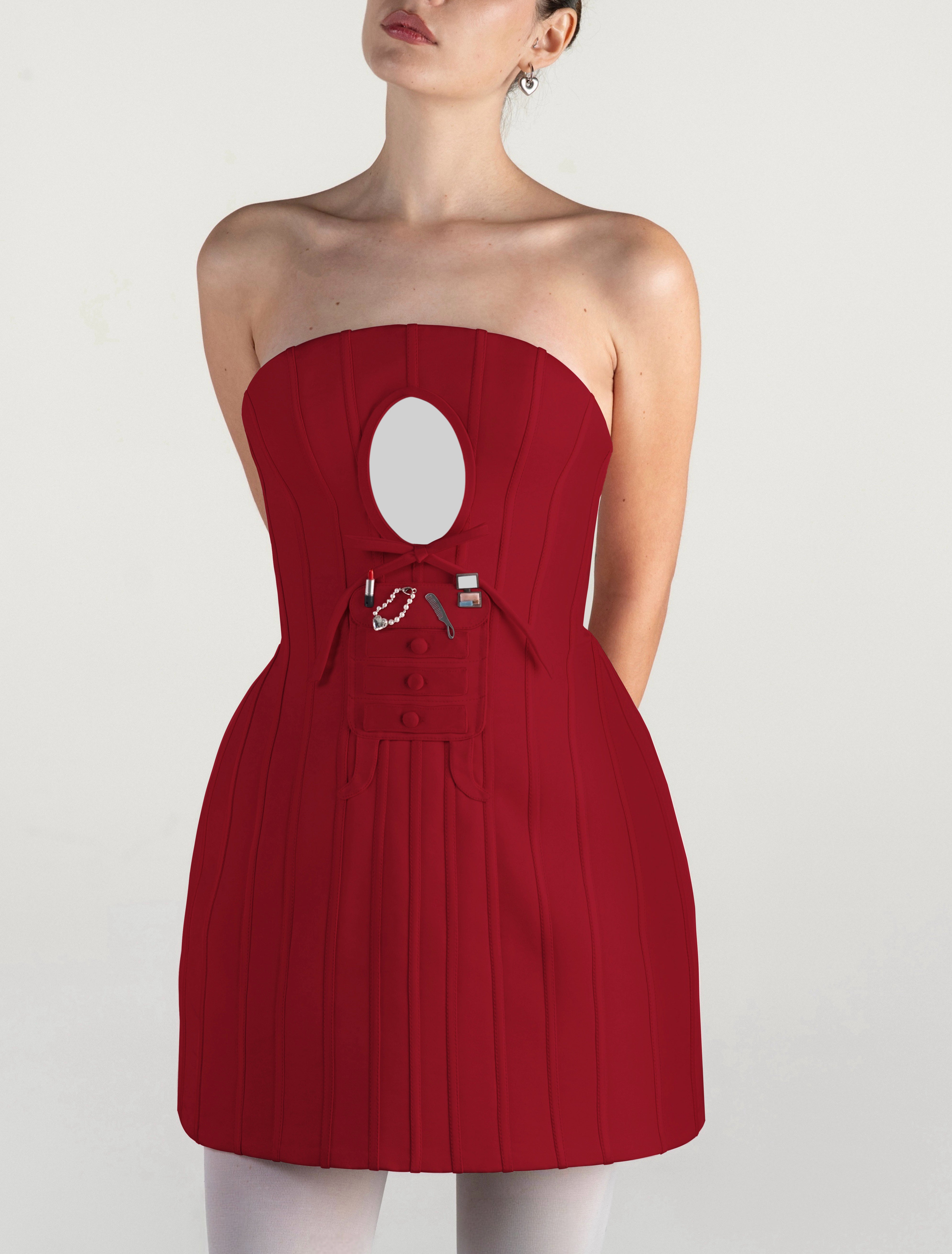 Red mini dress with embroidered figures, mirror and no sleeves