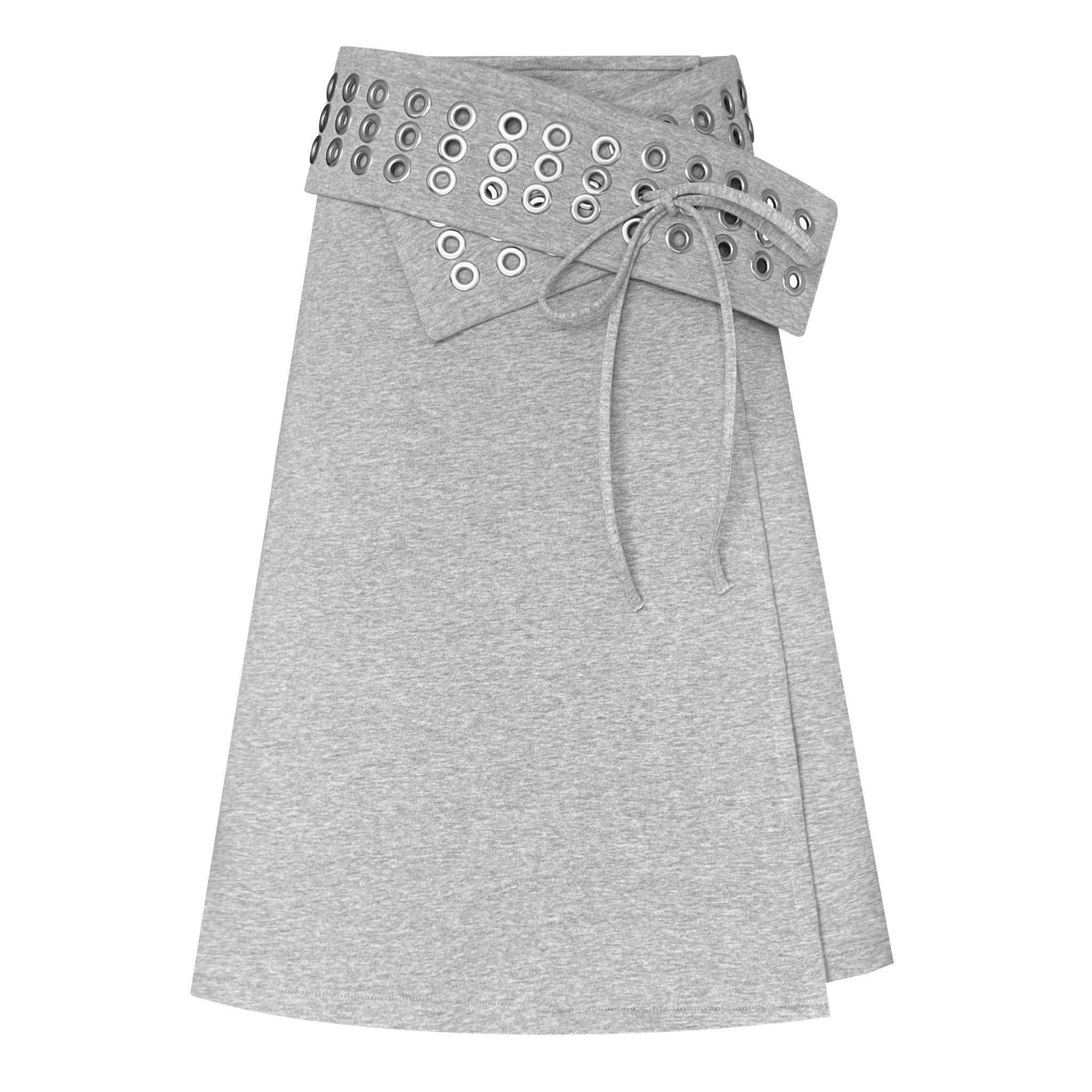 Grey A-Line midi skirt with button belt and bow lace