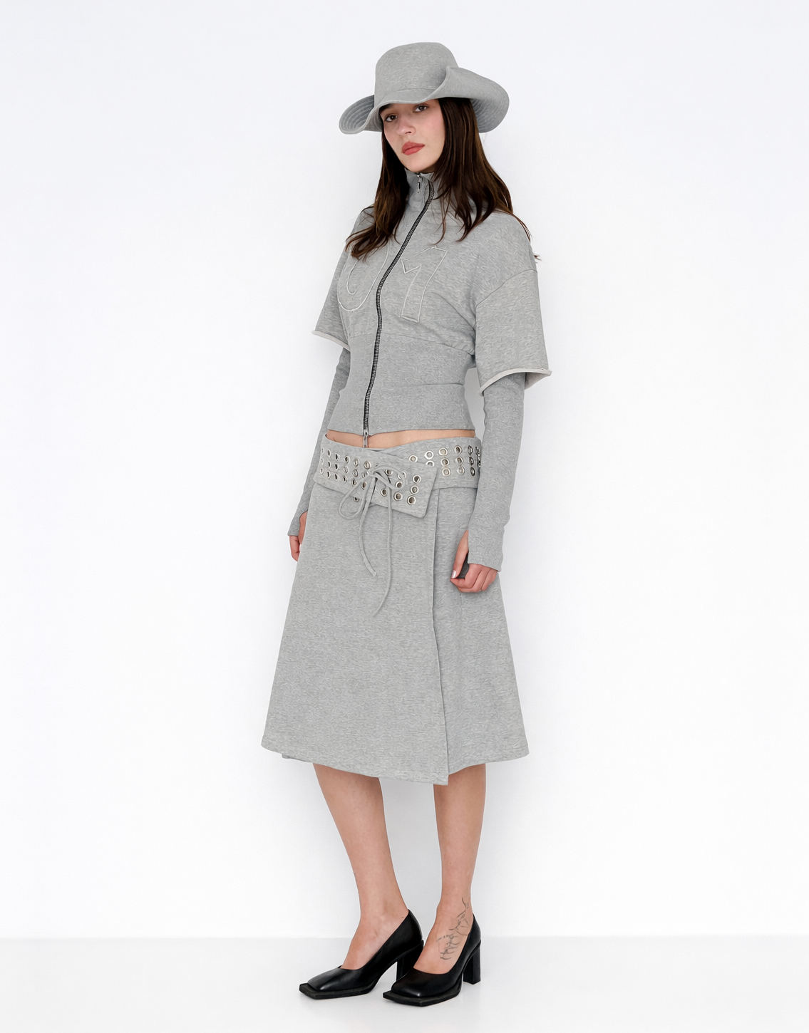 Grey A-Line midi skirt with button belt and bow lace