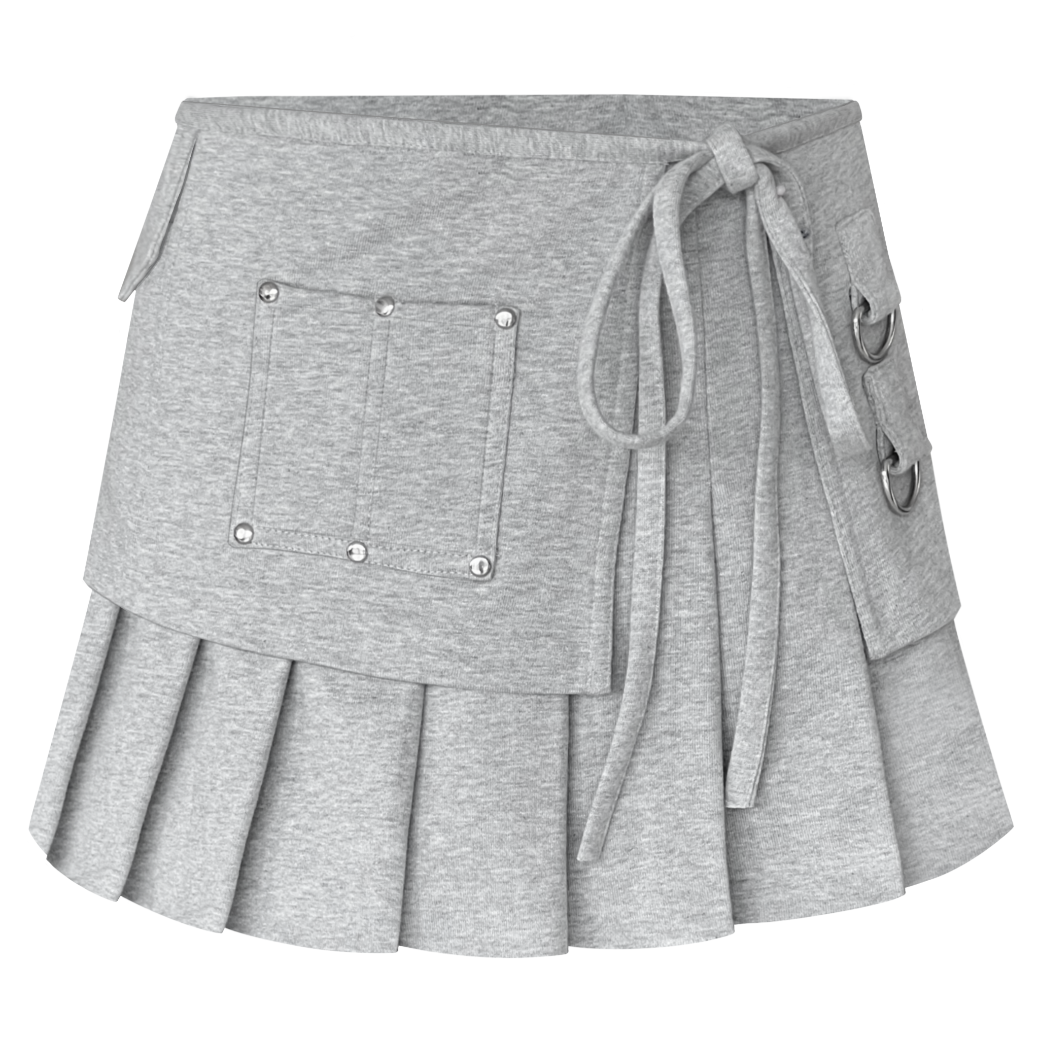 Gray pleated mini skirt with a tie waist