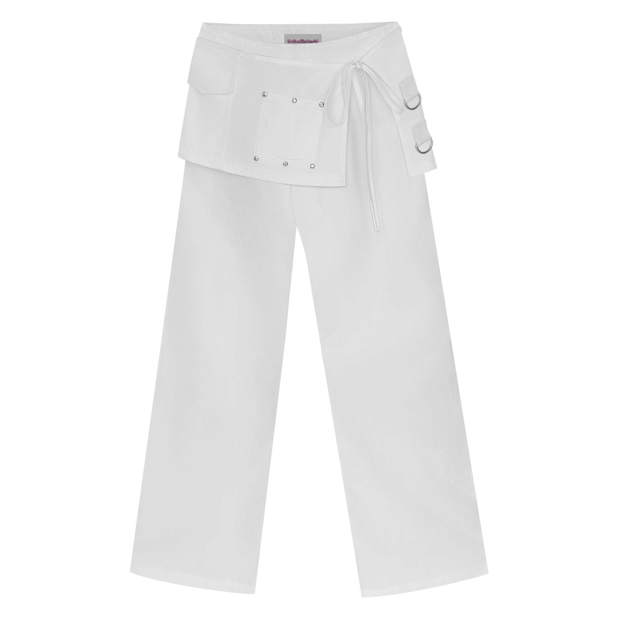 White trousers with ribboned bow around the waist