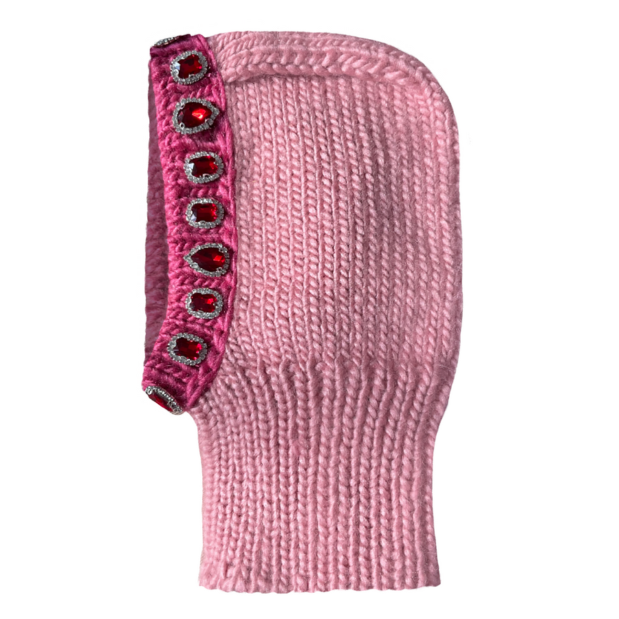 Pink knitted balaclava with embroidered jewelry 