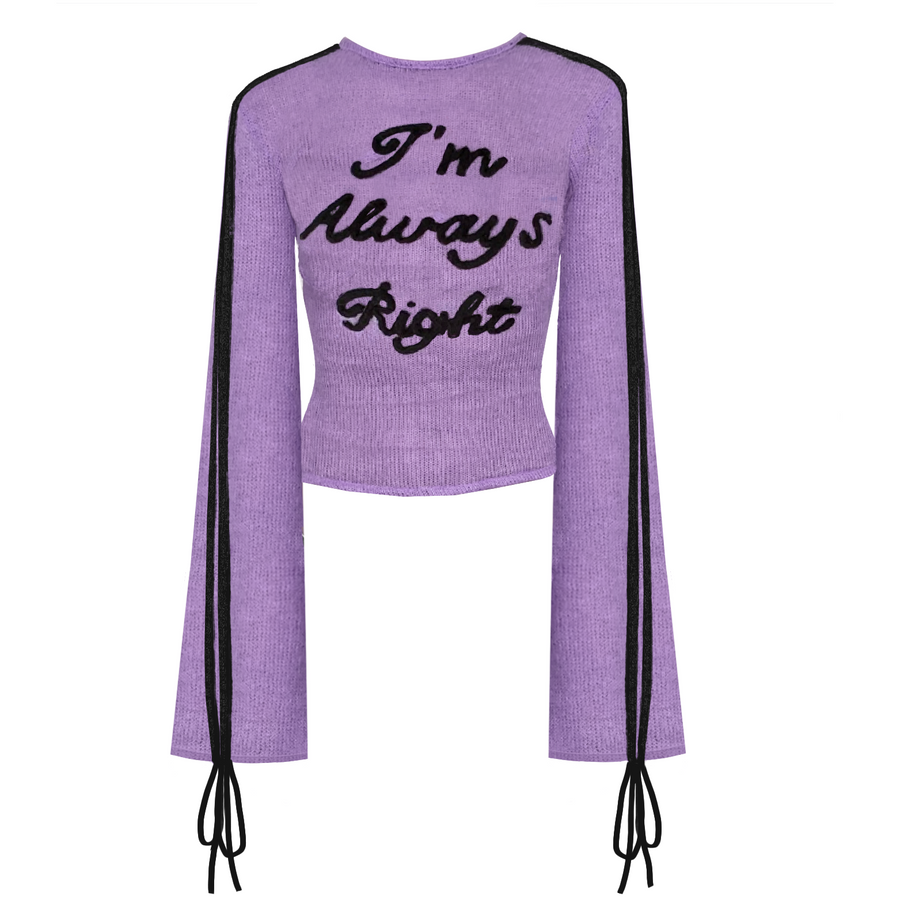 Purple sweater with writing and long sleeves