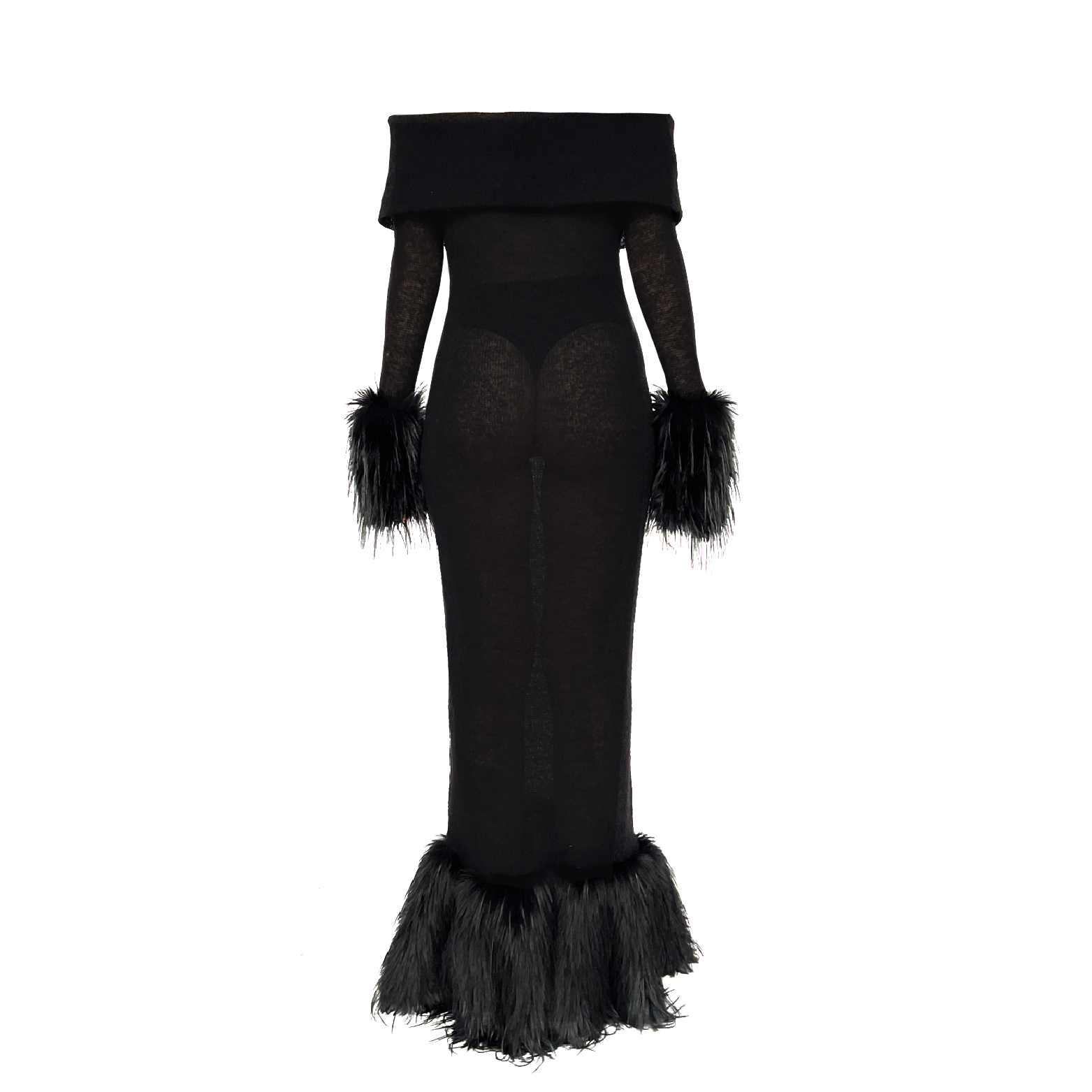 Black sheath dress with fur and long off the shoulder sleeves