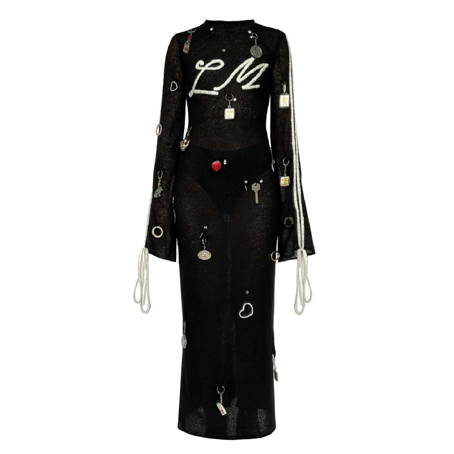 Black sheath dress with long sleeves and vintage keychains