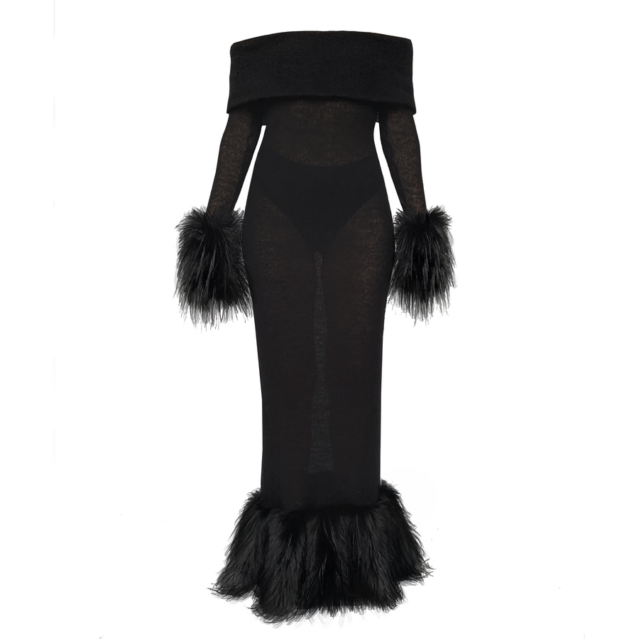 Black sheath dress with fur and long off the shoulder sleeves